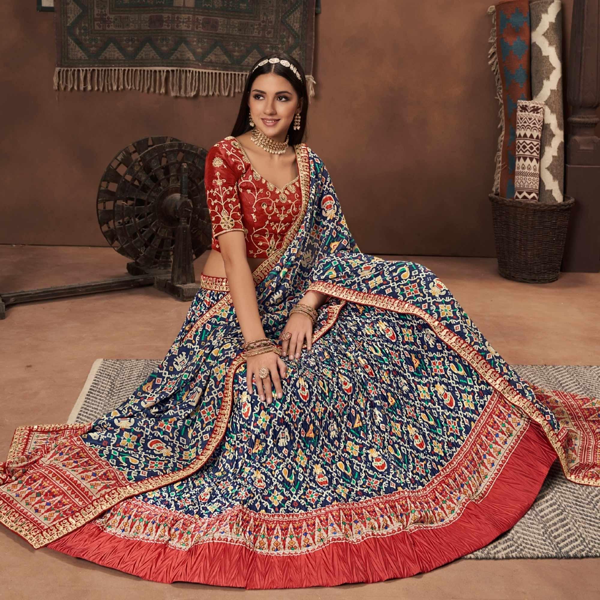 Blue Kalamkari Printed Art Silk Lehenga Choli - Peachmode