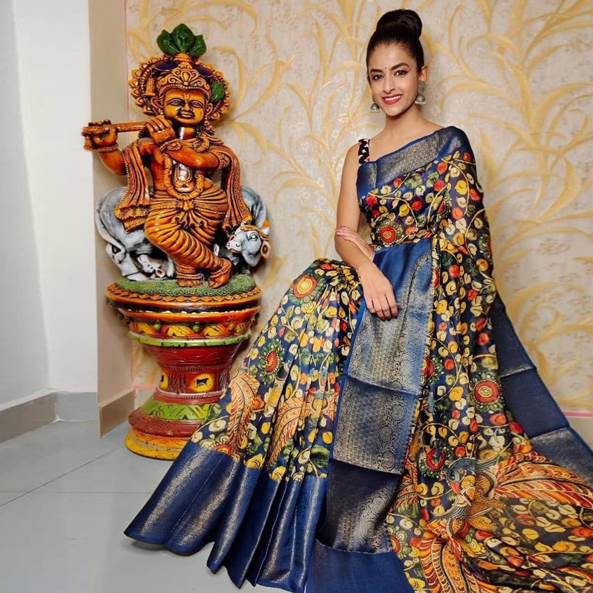 Blue Kalamkari Printed Chanderi Saree - Peachmode