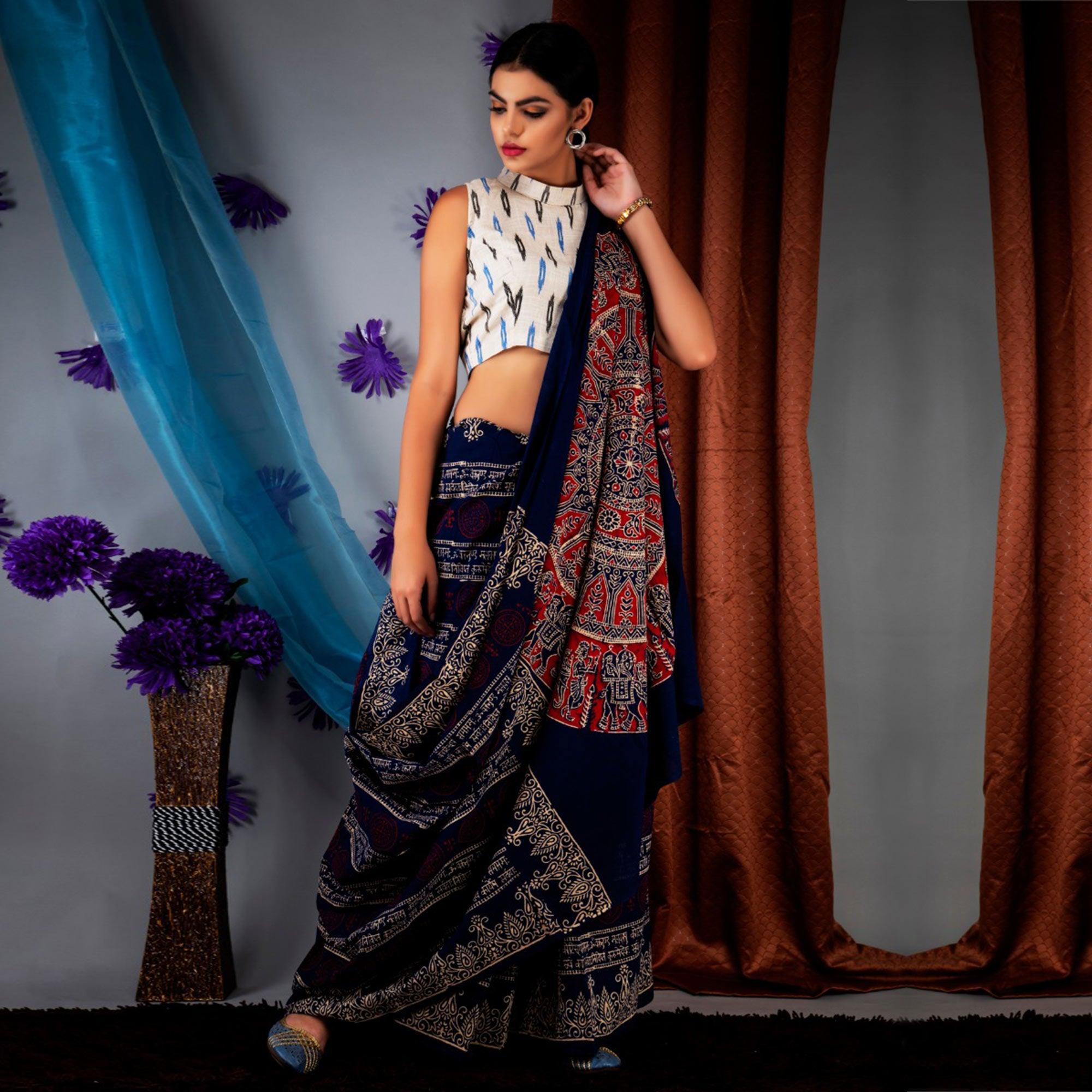 Blue Kalamkari Printed Linen Saree - Peachmode