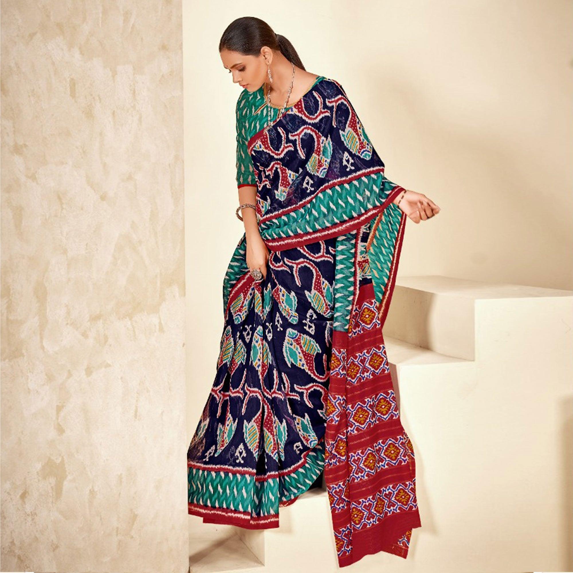 Blue Kalamkari Printed Poly Cotton Saree - Peachmode