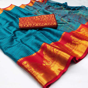 Blue Kalamkari Woven Cotton Silk Saree - Peachmode