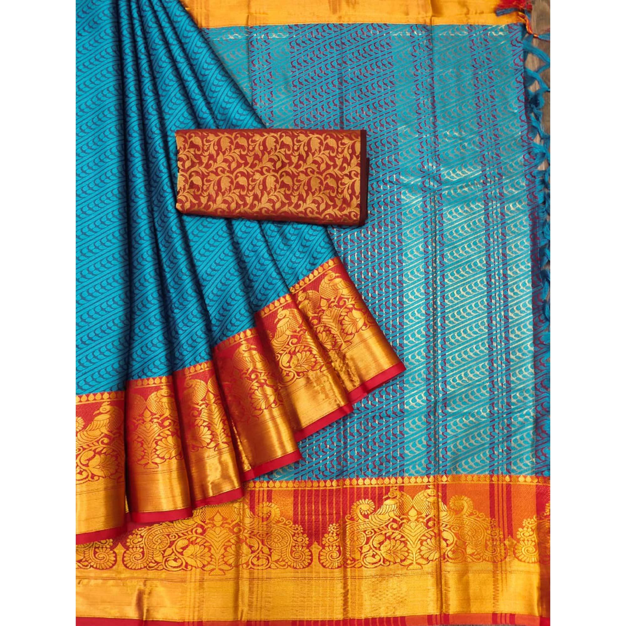 Blue Kalamkari Woven Cotton Silk Saree - Peachmode