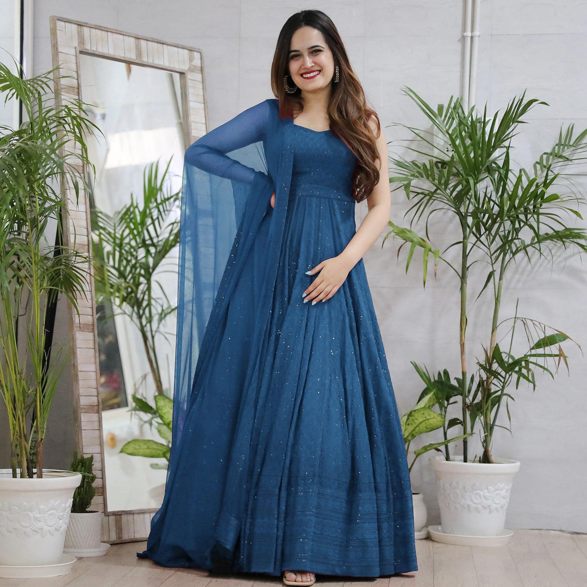 Blue Lucknowi Chikankari Rayon Partywear Gown - Peachmode