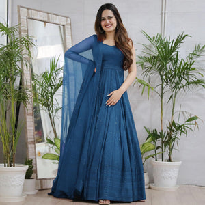 Blue Lucknowi Chikankari Rayon Partywear Gown - Peachmode