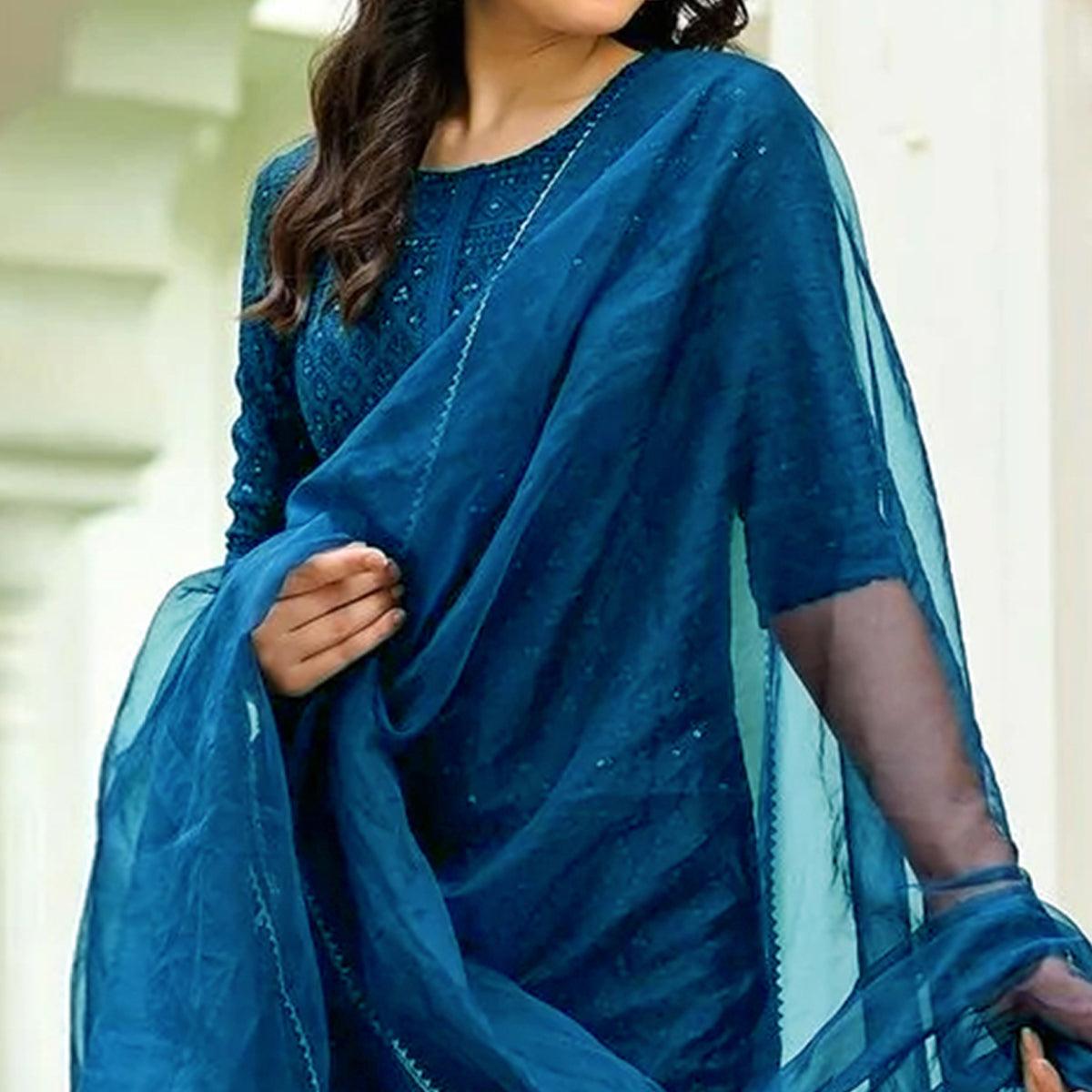 Blue Lucknowi Chikankari Work Rayon Kurti Pant Set With Dupatta - Peachmode
