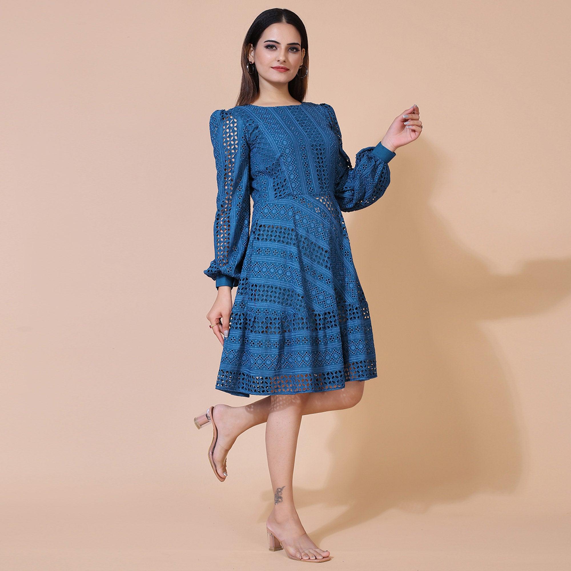 Blue Lucknowi Chikankari Work Rayon Western Dress - Peachmode