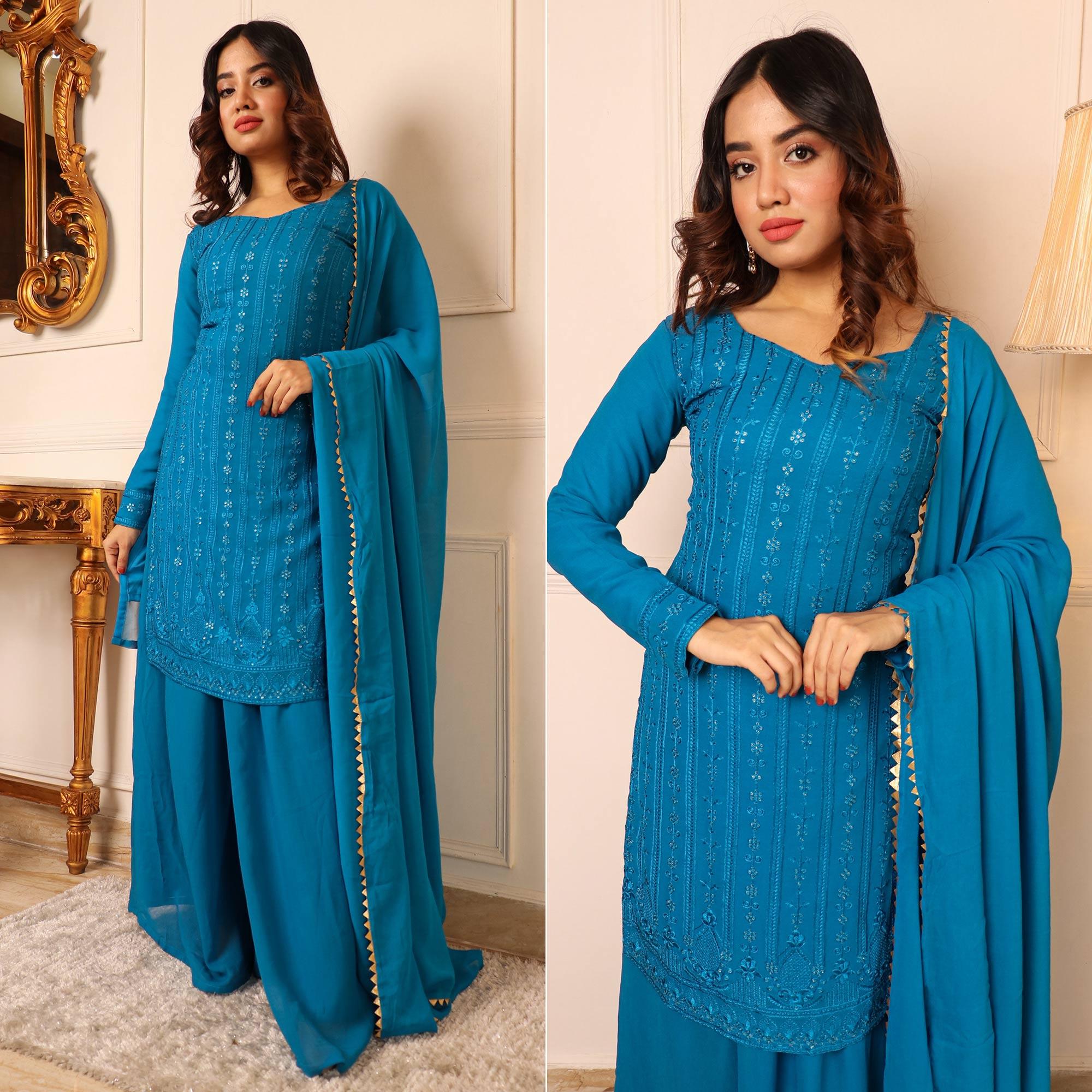 Blue Lucknowi Embroidered Georgette Palazzo Suit - Peachmode