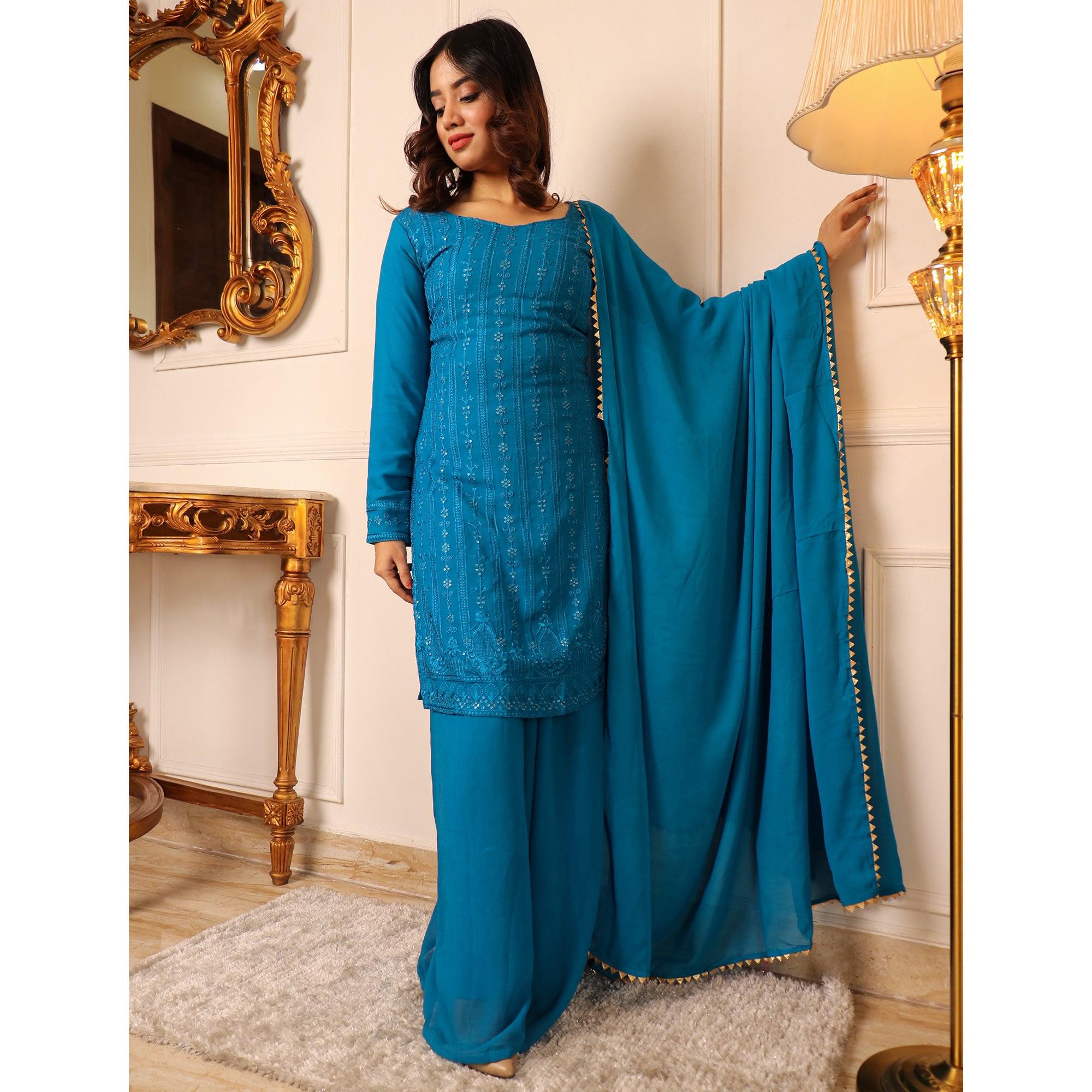 Blue Lucknowi Embroidered Georgette Palazzo Suit - Peachmode