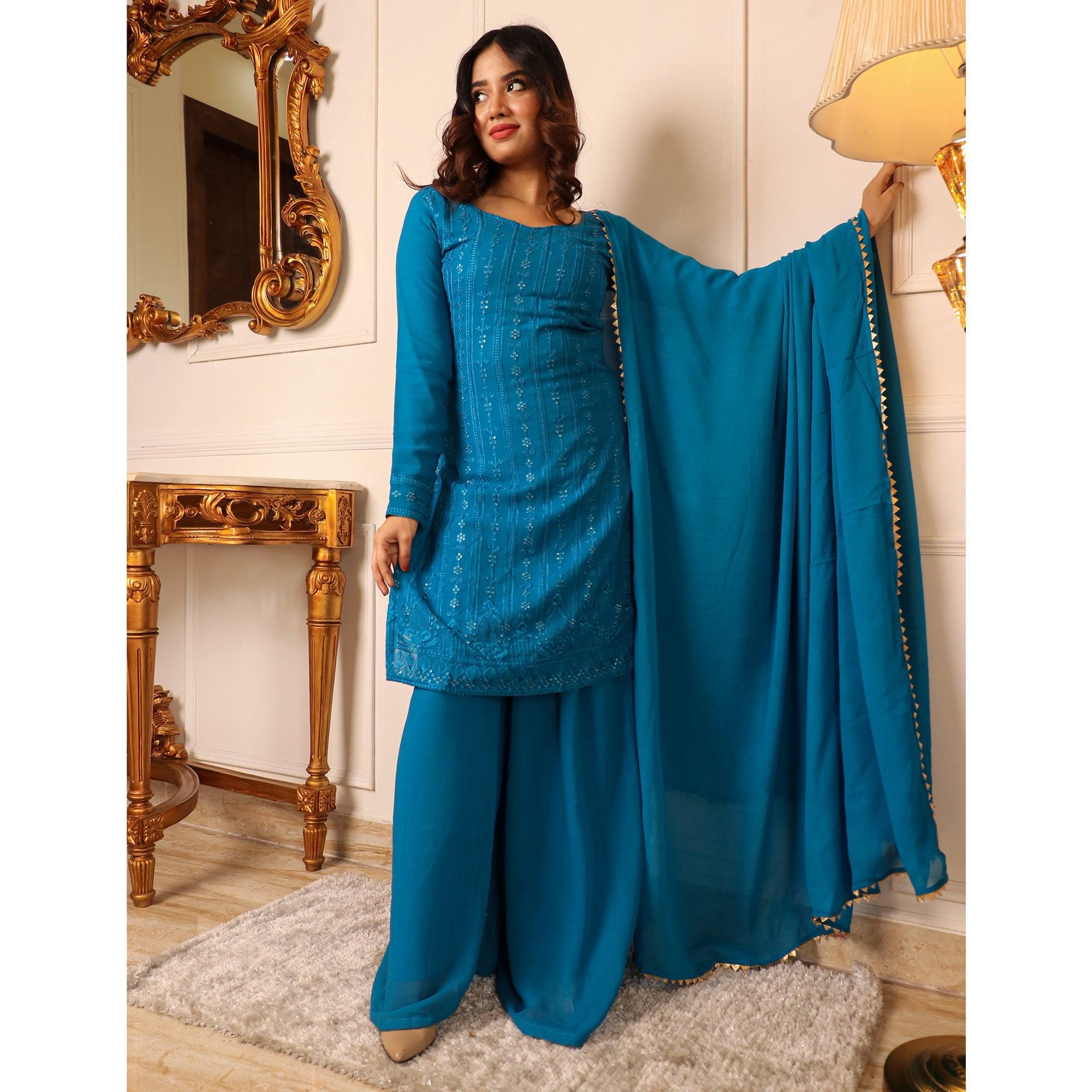 Blue Lucknowi Embroidered Georgette Palazzo Suit - Peachmode