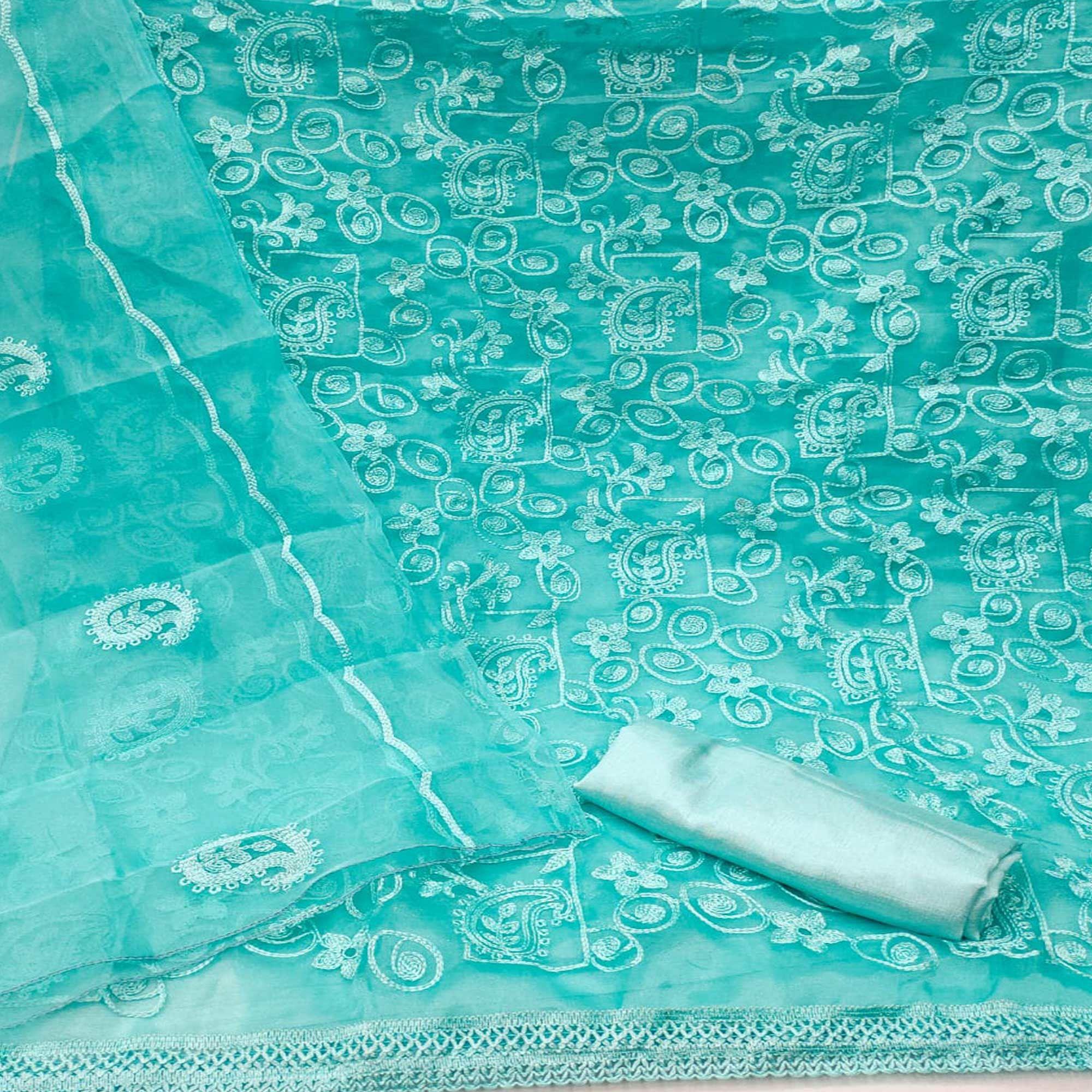 Blue Lucknowi Embroidered Organza Dress Material - Peachmode