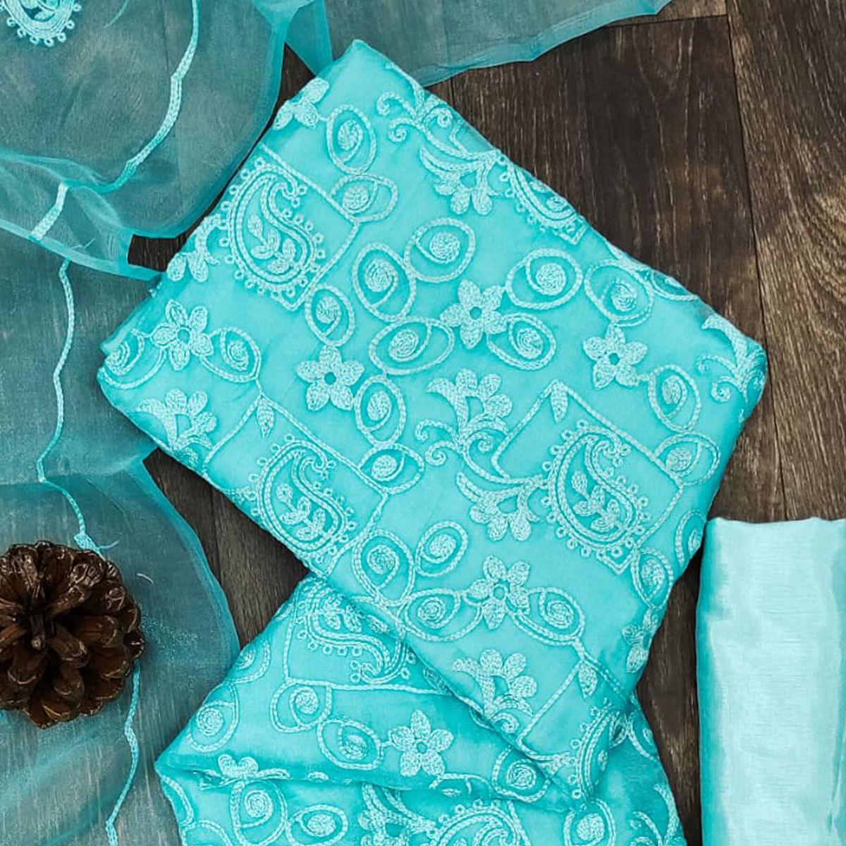 Blue Lucknowi Embroidered Organza Dress Material - Peachmode