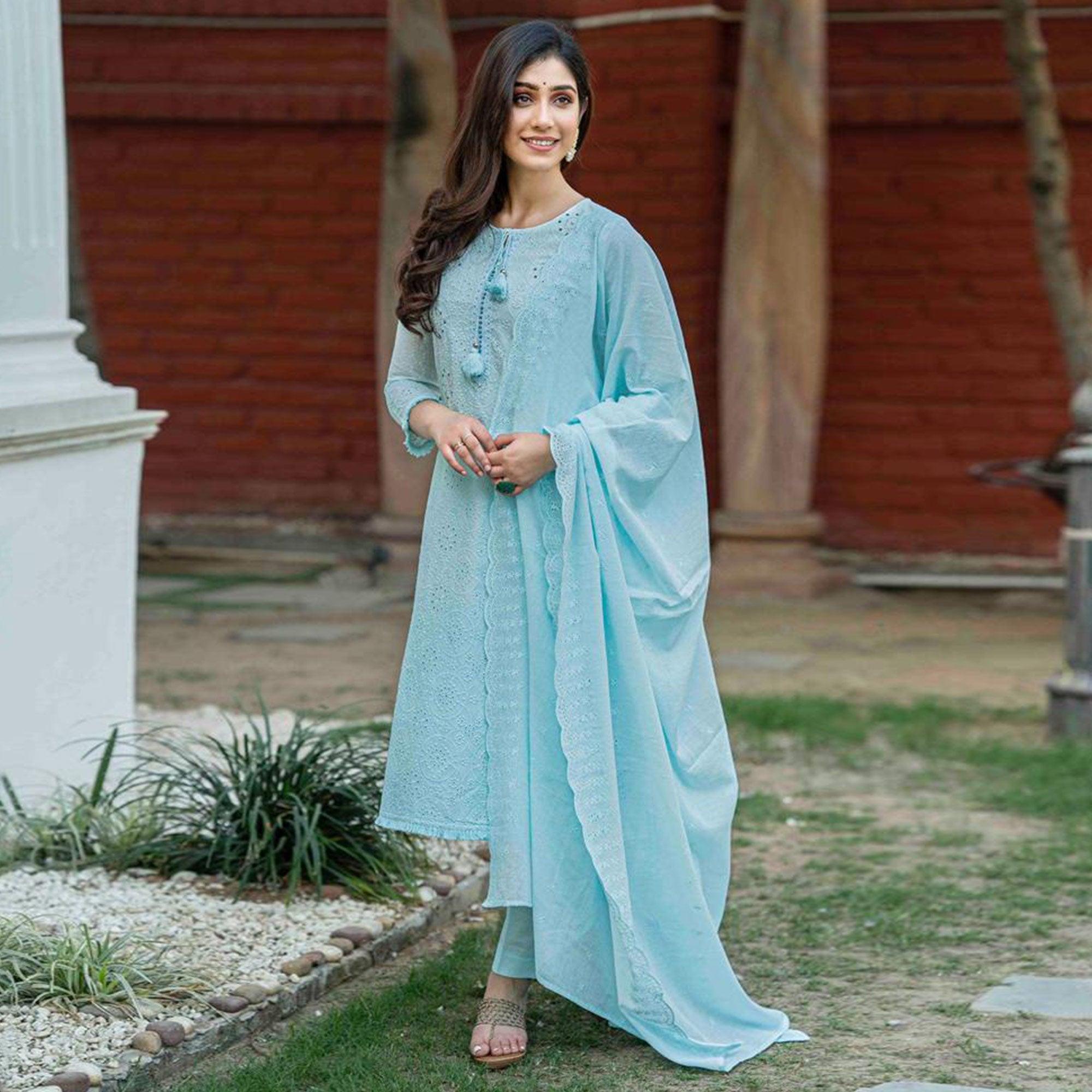 Blue Lucknowi Embroidered Pure Cotton Kurti Pant Set With Dupatta - Peachmode