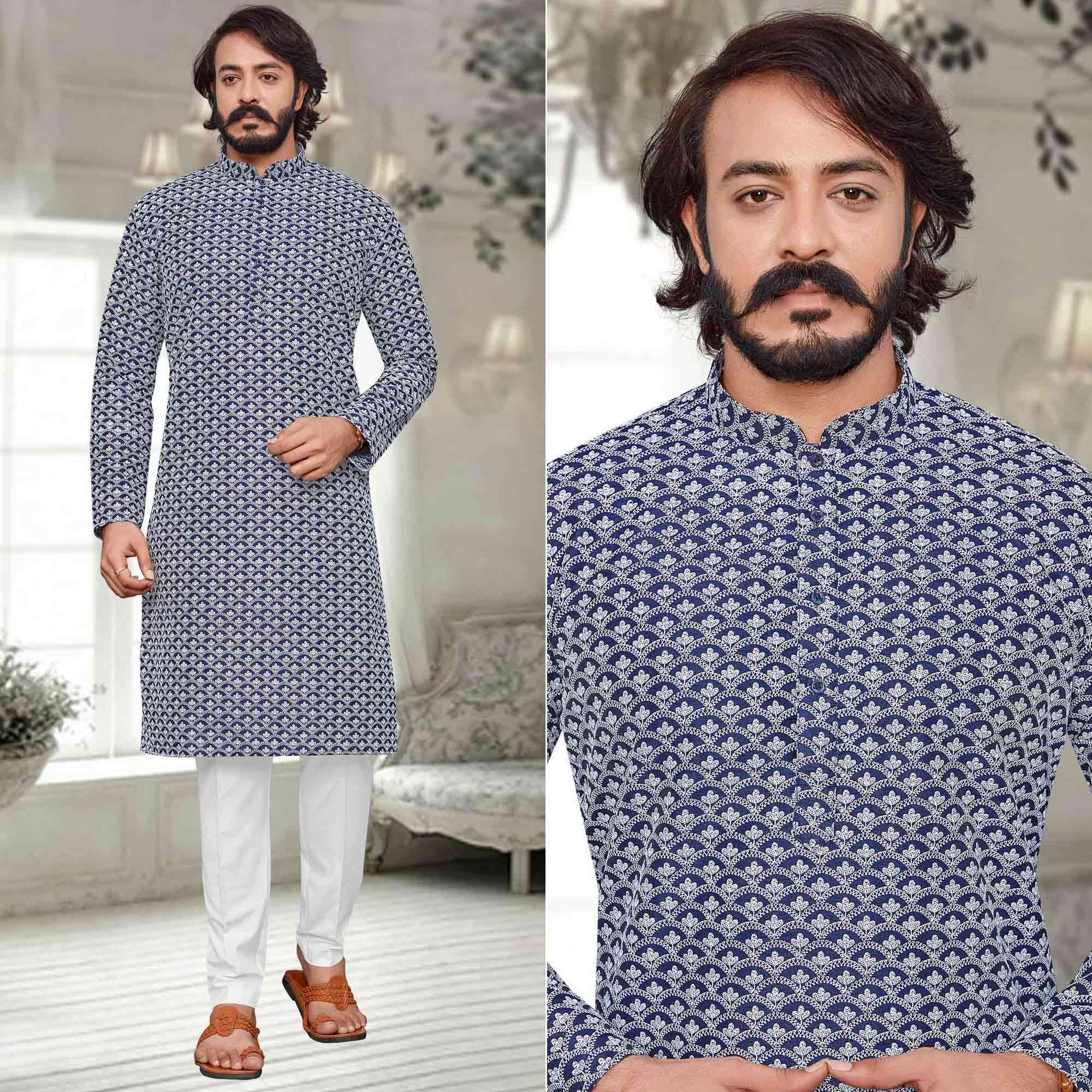 Blue Lucknowi Work Art Silk Kurta Pyjama Set - Peachmode