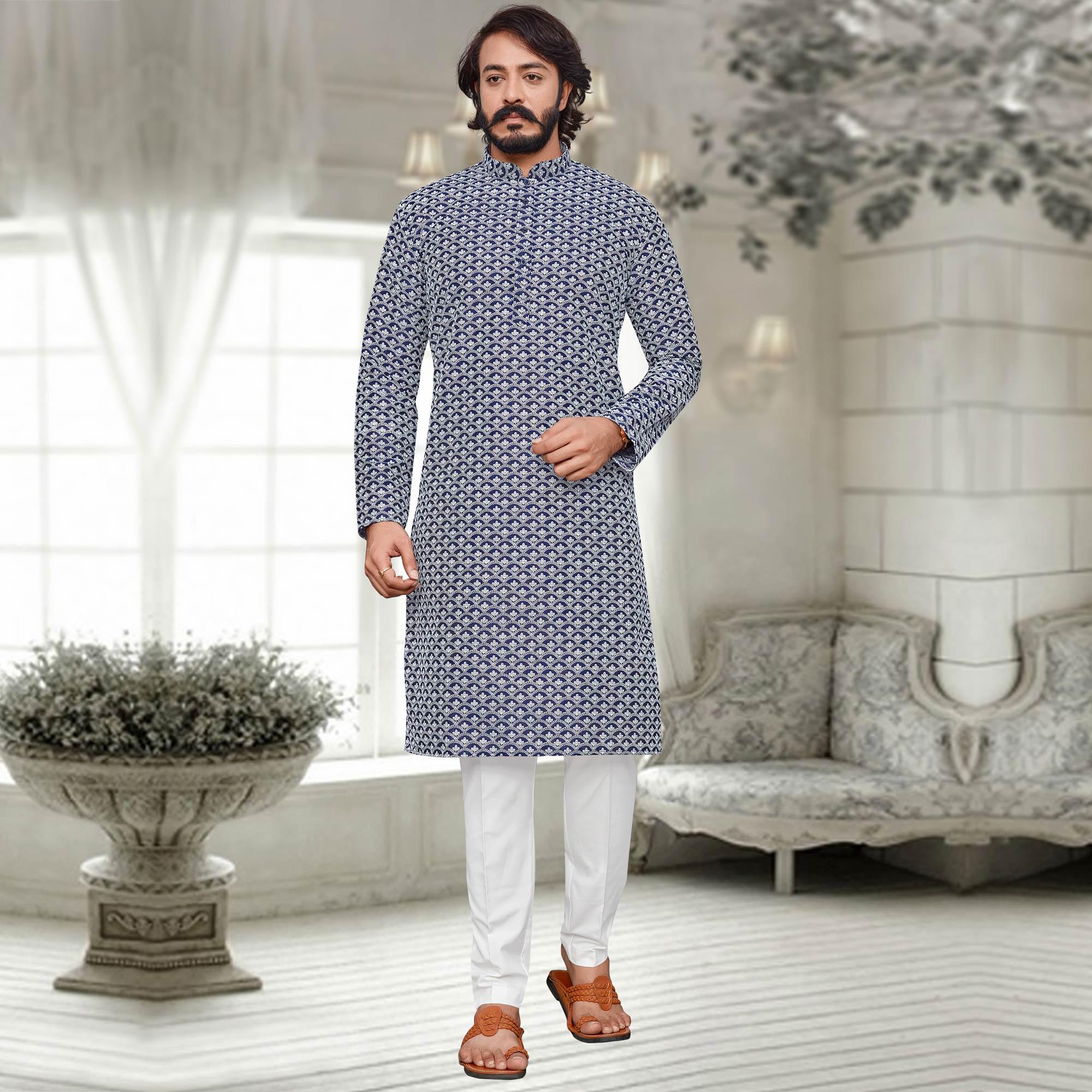 Blue Lucknowi Work Art Silk Kurta Pyjama Set - Peachmode