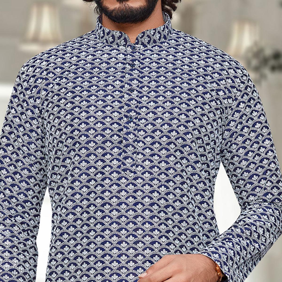 Blue Lucknowi Work Art Silk Kurta Pyjama Set - Peachmode