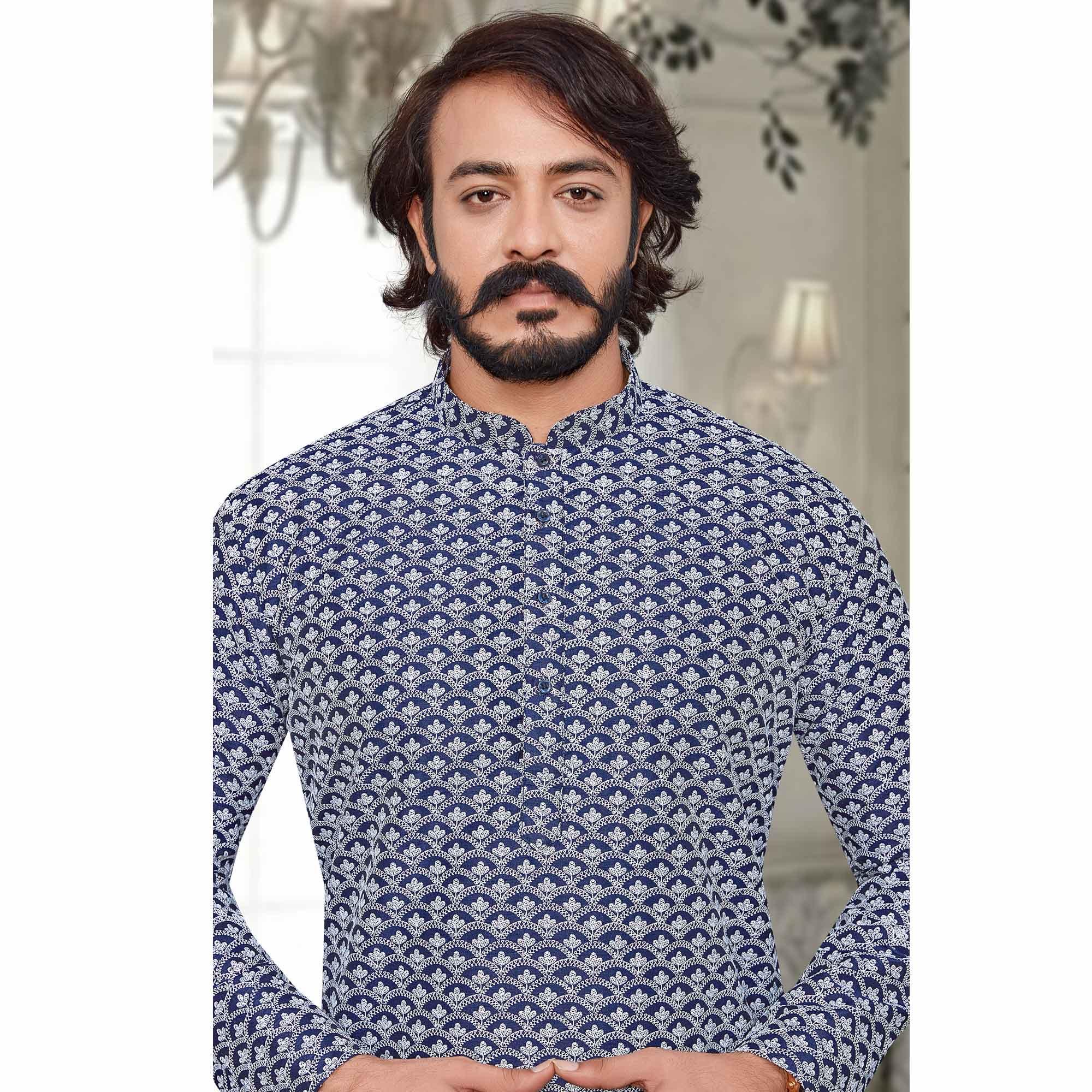 Blue Lucknowi Work Art Silk Kurta Pyjama Set - Peachmode