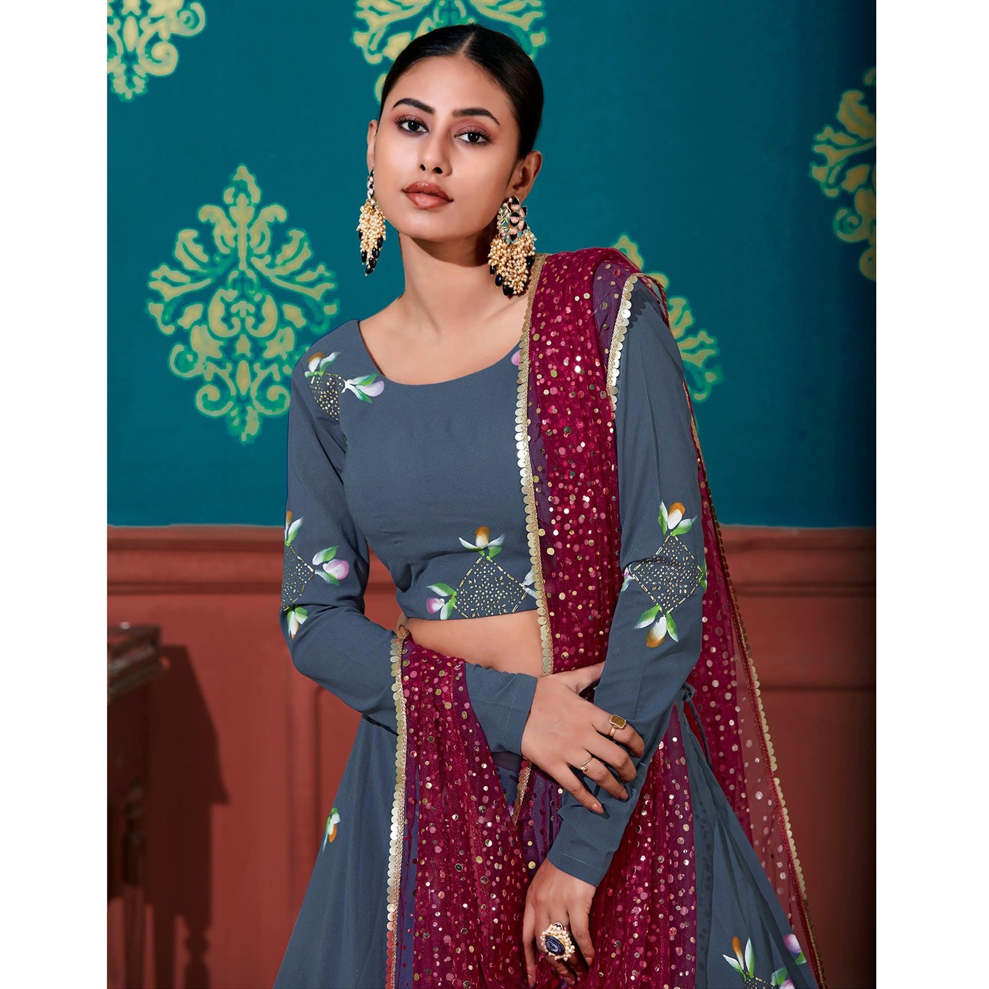 Blue-Magenta Wedding Wear Pigment Foil Printed Work Georgette Lehenga Choli - Peachmode
