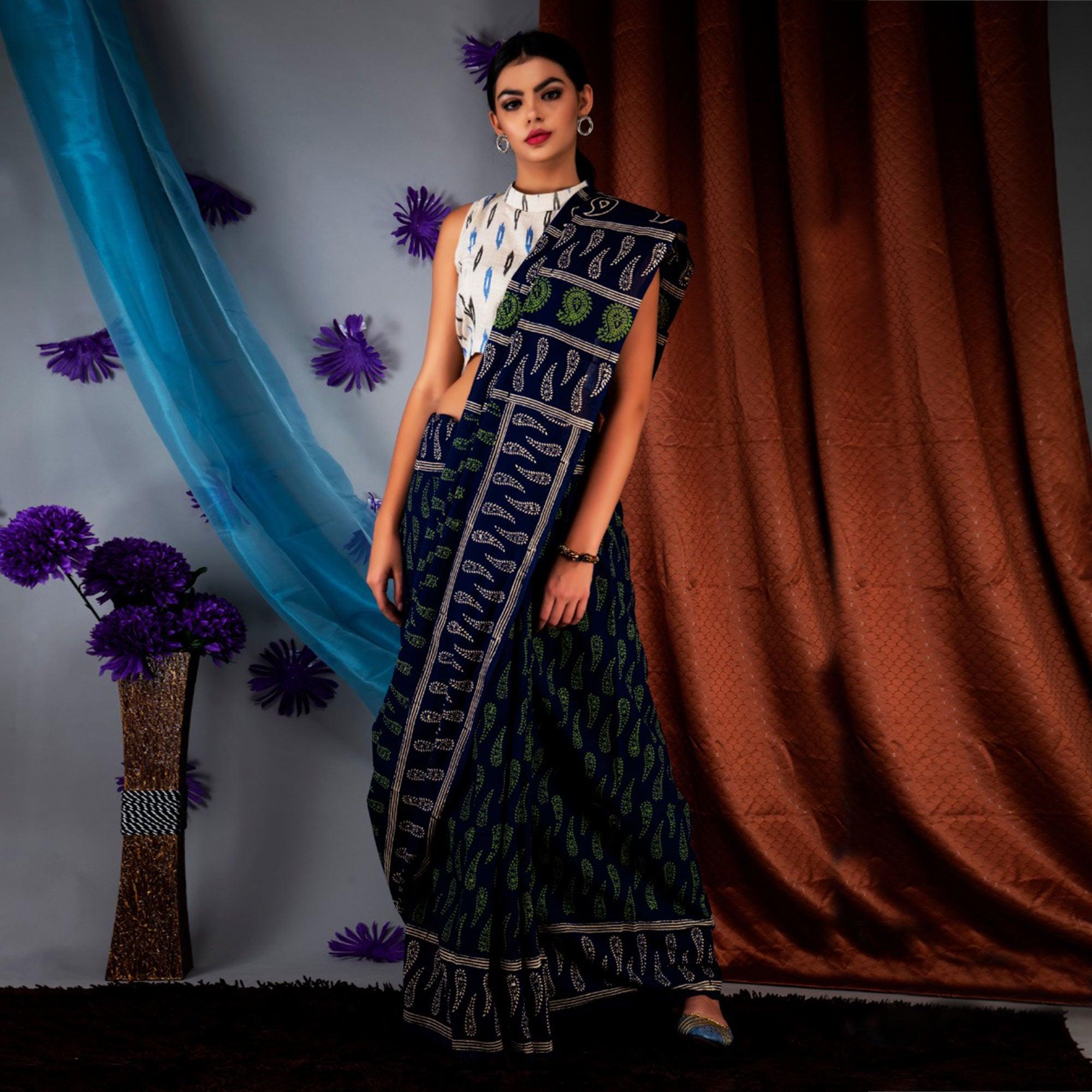 Blue Paisley Printed Linen Saree - Peachmode
