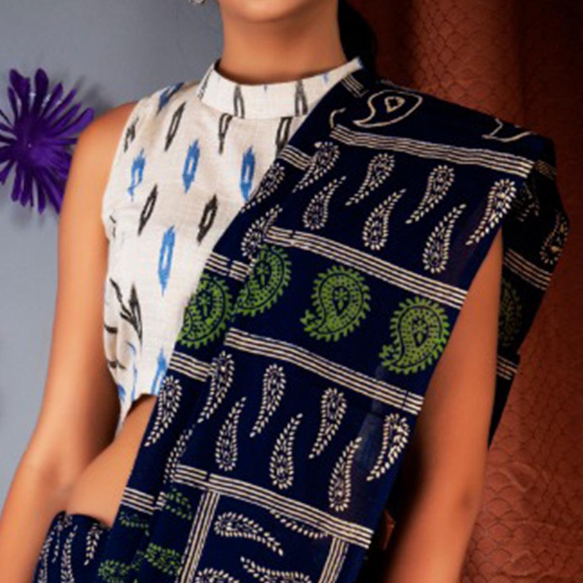 Blue Paisley Printed Linen Saree - Peachmode
