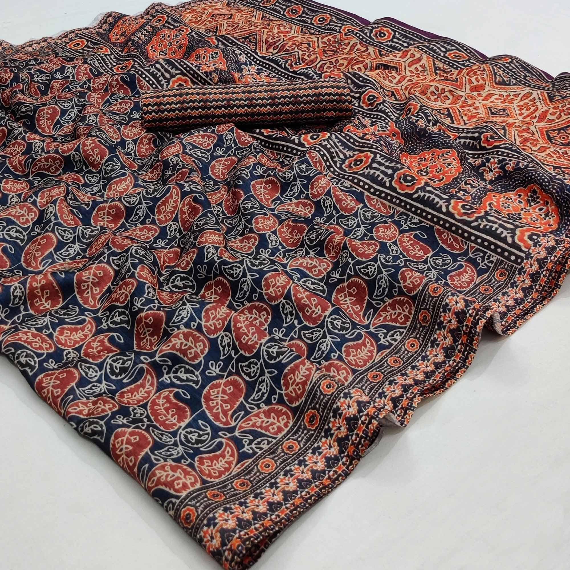 Blue Paisley Printed Pure Cotton Saree - Peachmode