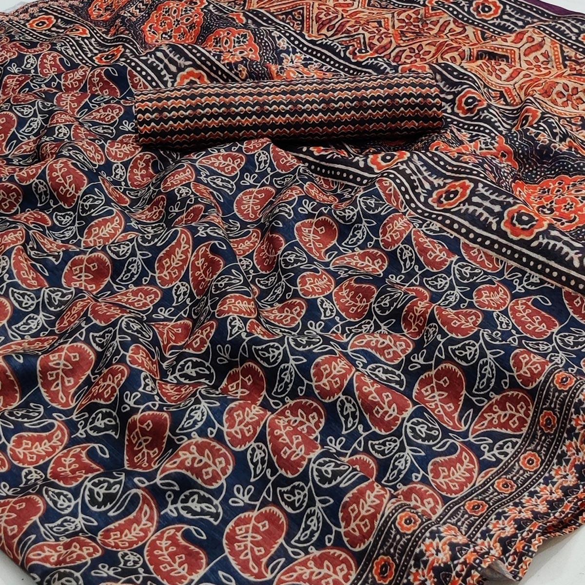 Blue Paisley Printed Pure Cotton Saree - Peachmode