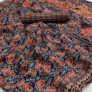 Blue Paisley Printed Pure Cotton Saree - Peachmode
