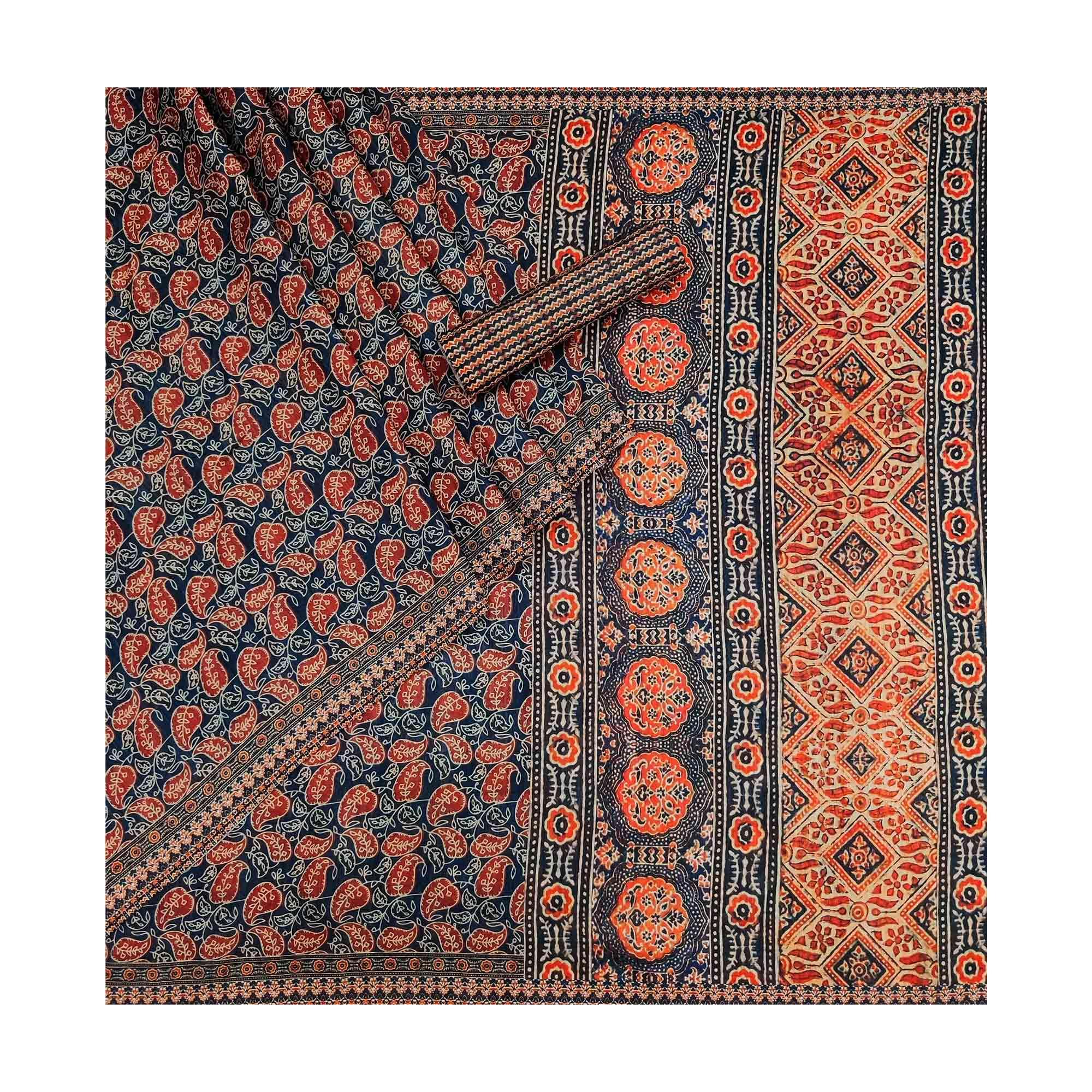 Blue Paisley Printed Pure Cotton Saree - Peachmode