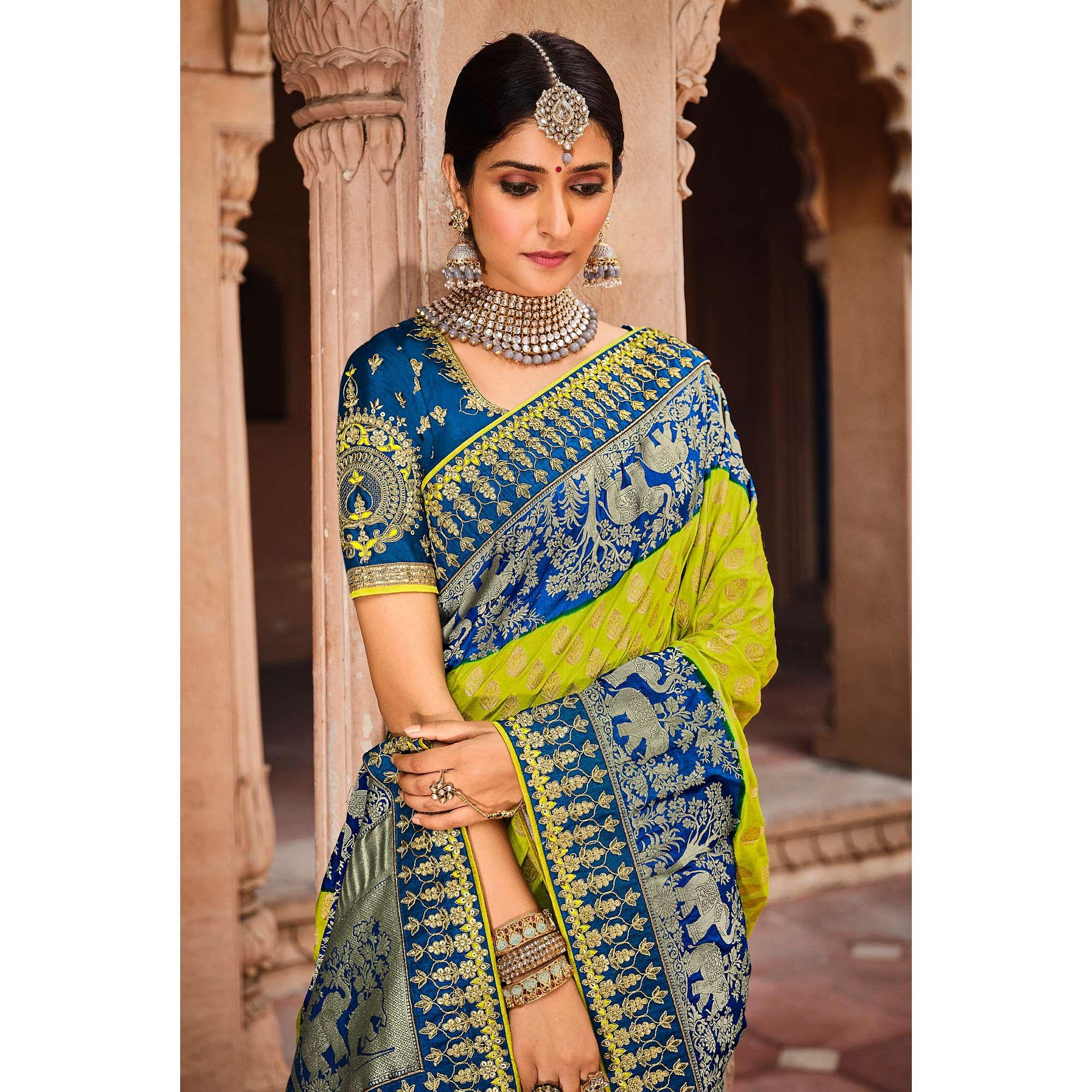 Blue-Parrot Green Festive Wear Woven With Zari & Diamond Work Banarasi Silk Saree - Peachmode