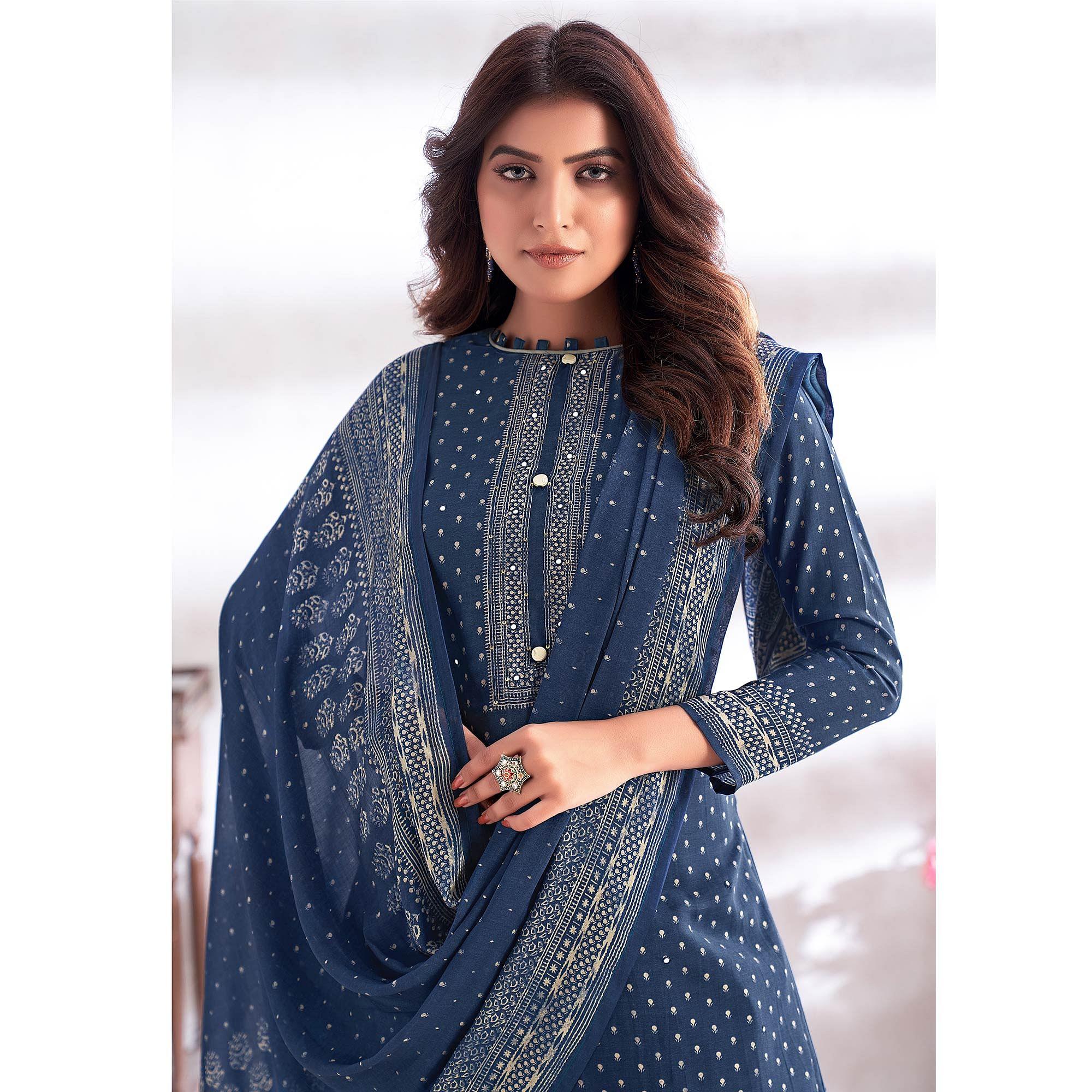 Blue Party Wear Digital Printed & Hand Work Cotton Silk Suit - Peachmode