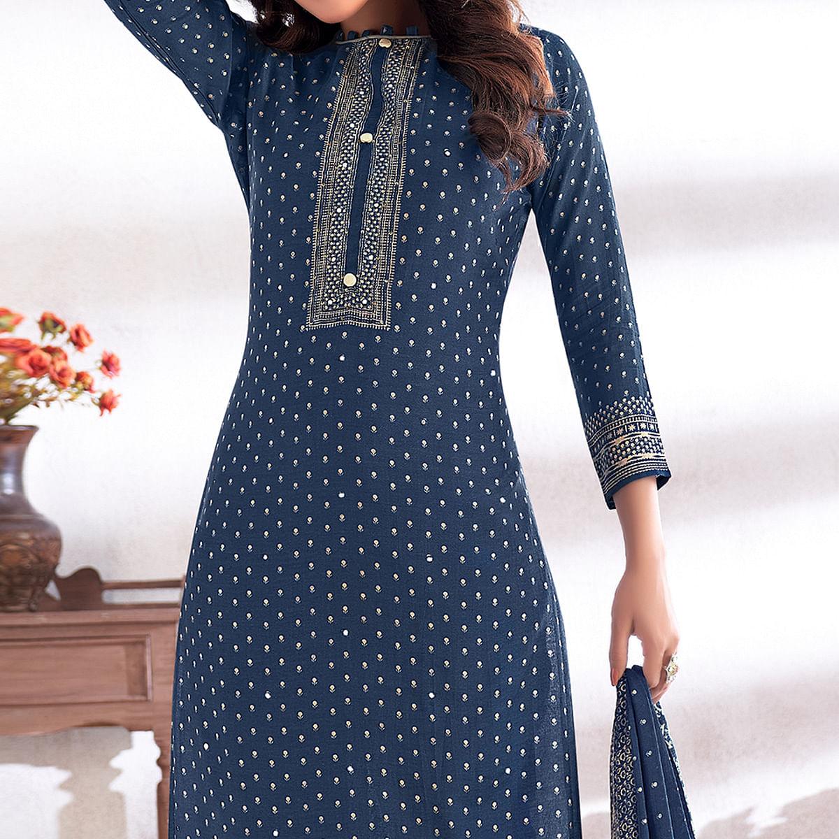 Blue Party Wear Digital Printed & Hand Work Cotton Silk Suit - Peachmode