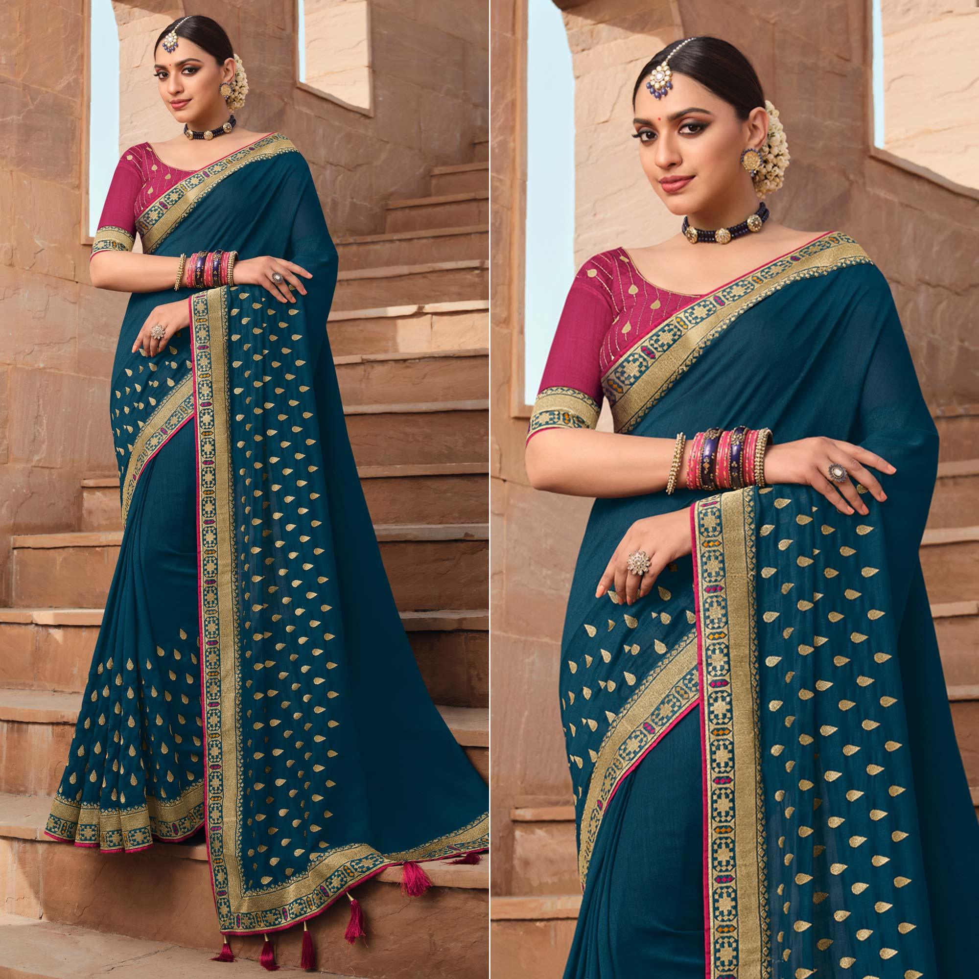 Blue Party Wear Embroidered Art Silk Saree - Peachmode