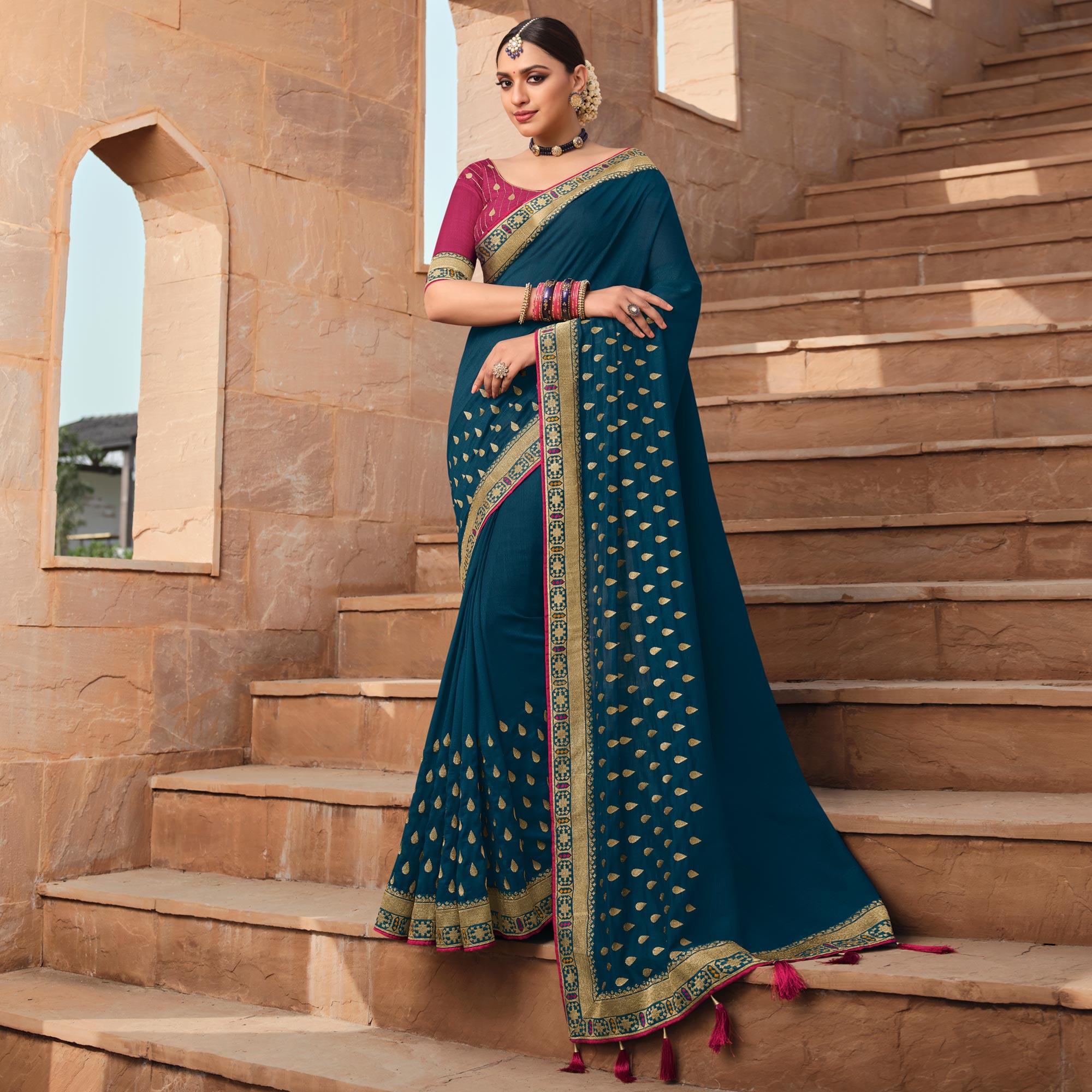 Blue Party Wear Embroidered Art Silk Saree - Peachmode