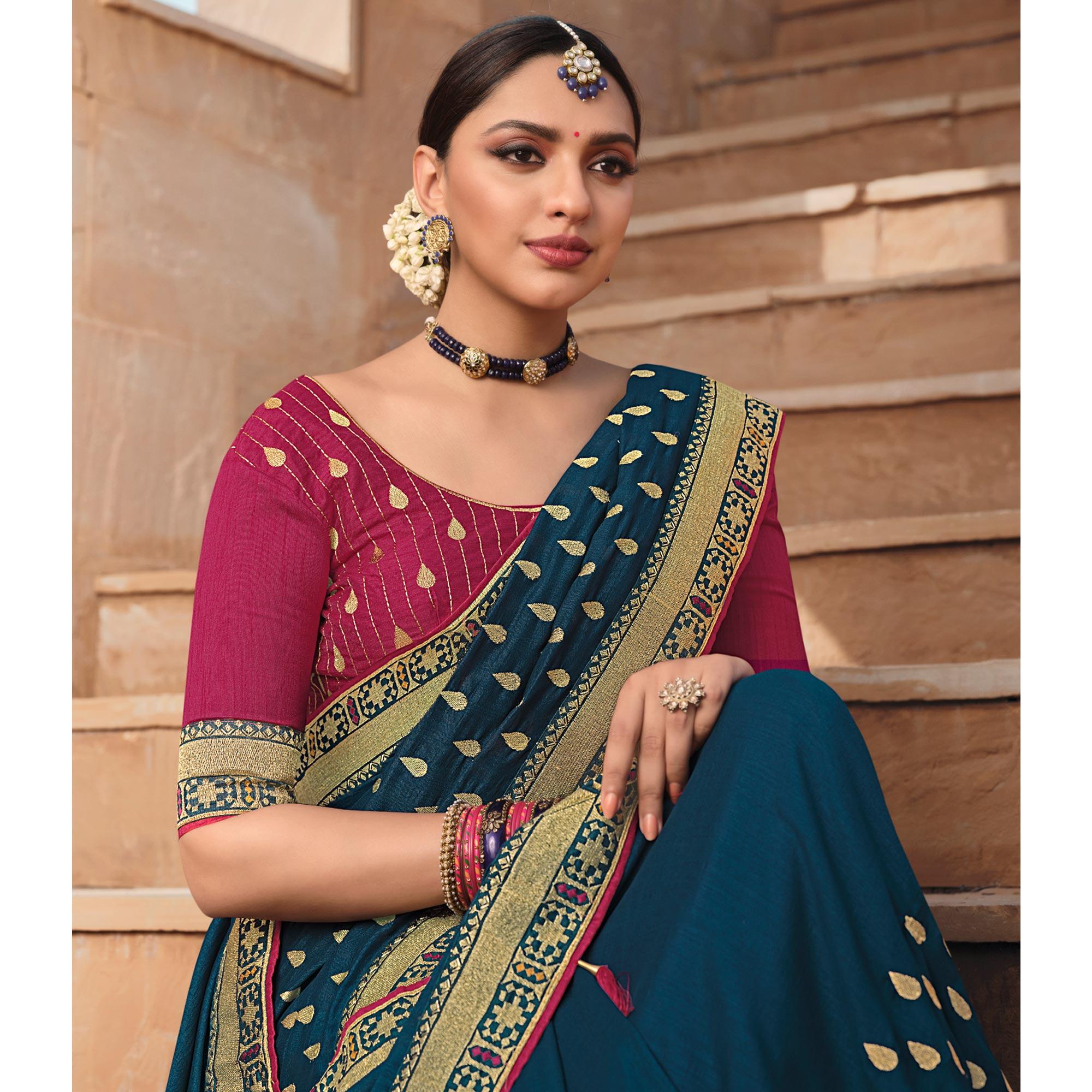 Blue Party Wear Embroidered Art Silk Saree - Peachmode