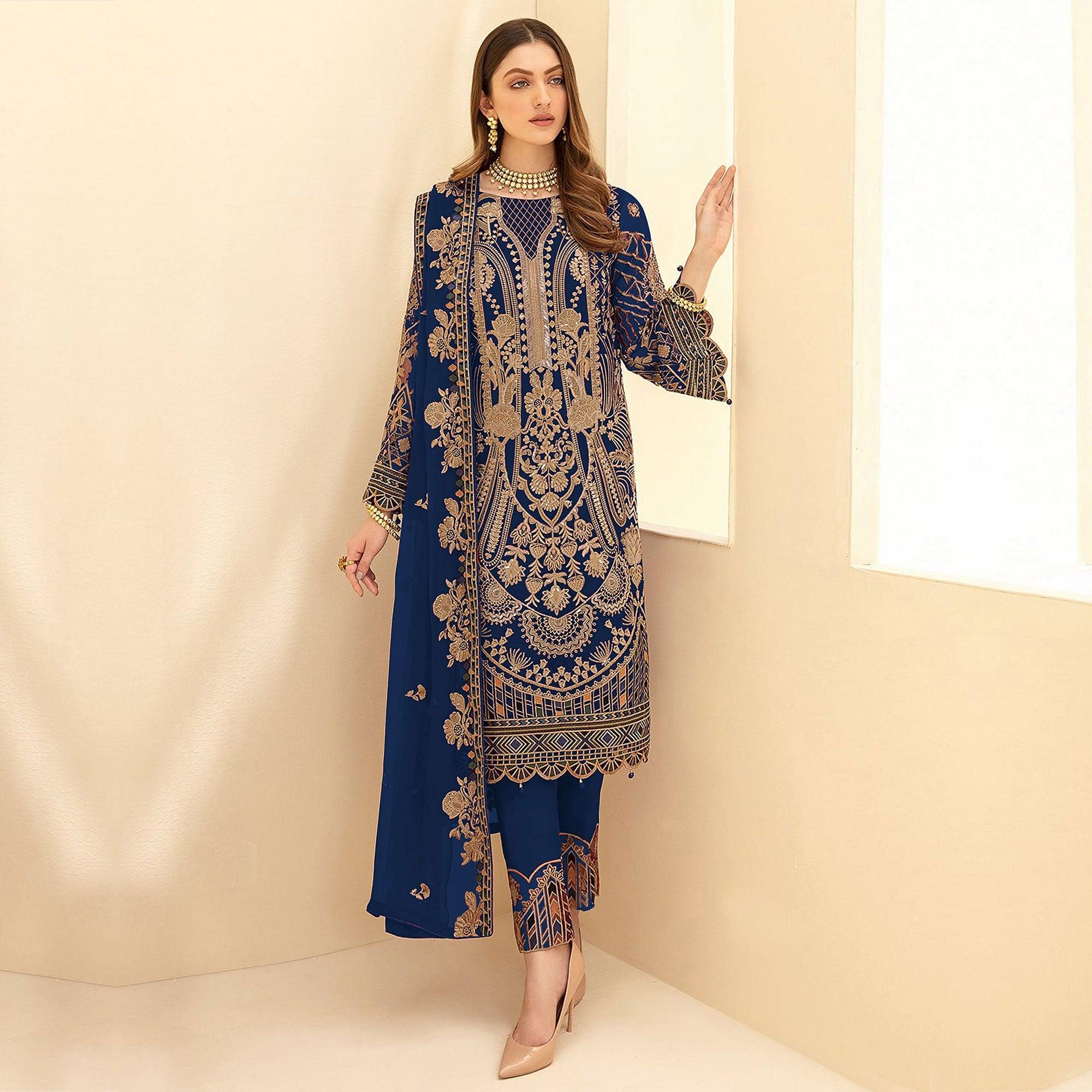 Blue Party Wear Embroidered Georgette Pakistani Suit - Peachmode