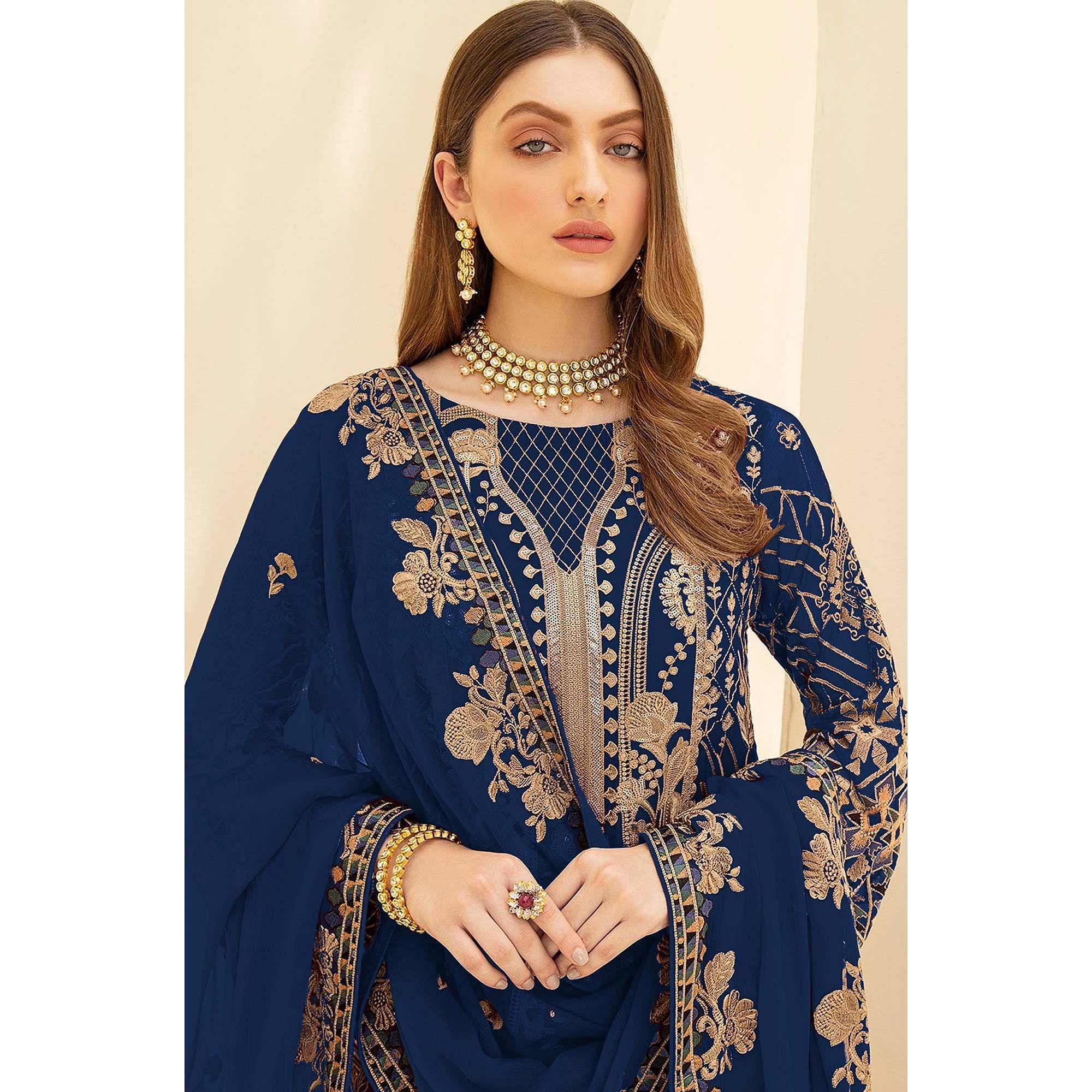 Blue Party Wear Embroidered Georgette Pakistani Suit - Peachmode