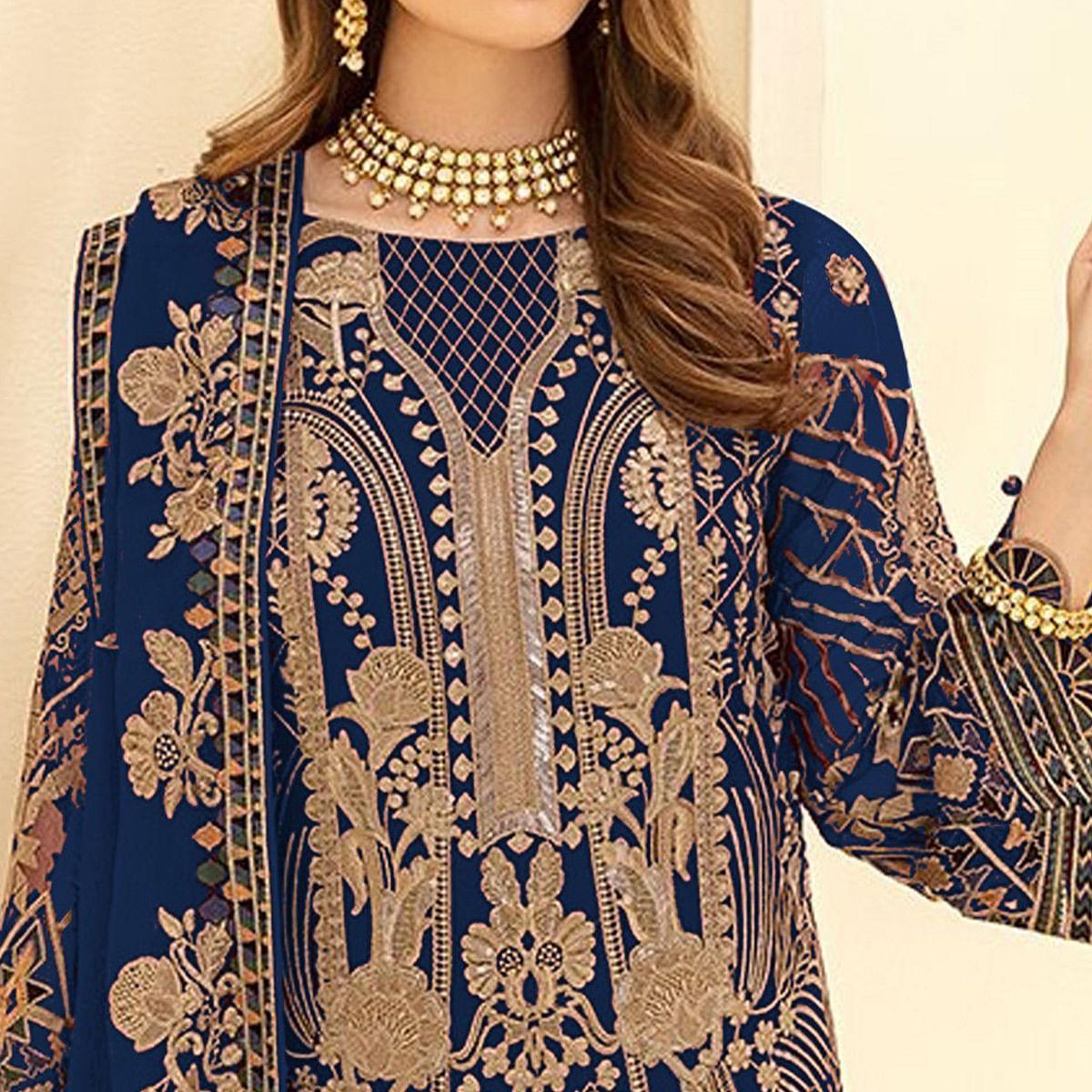 Blue Party Wear Embroidered Georgette Pakistani Suit - Peachmode