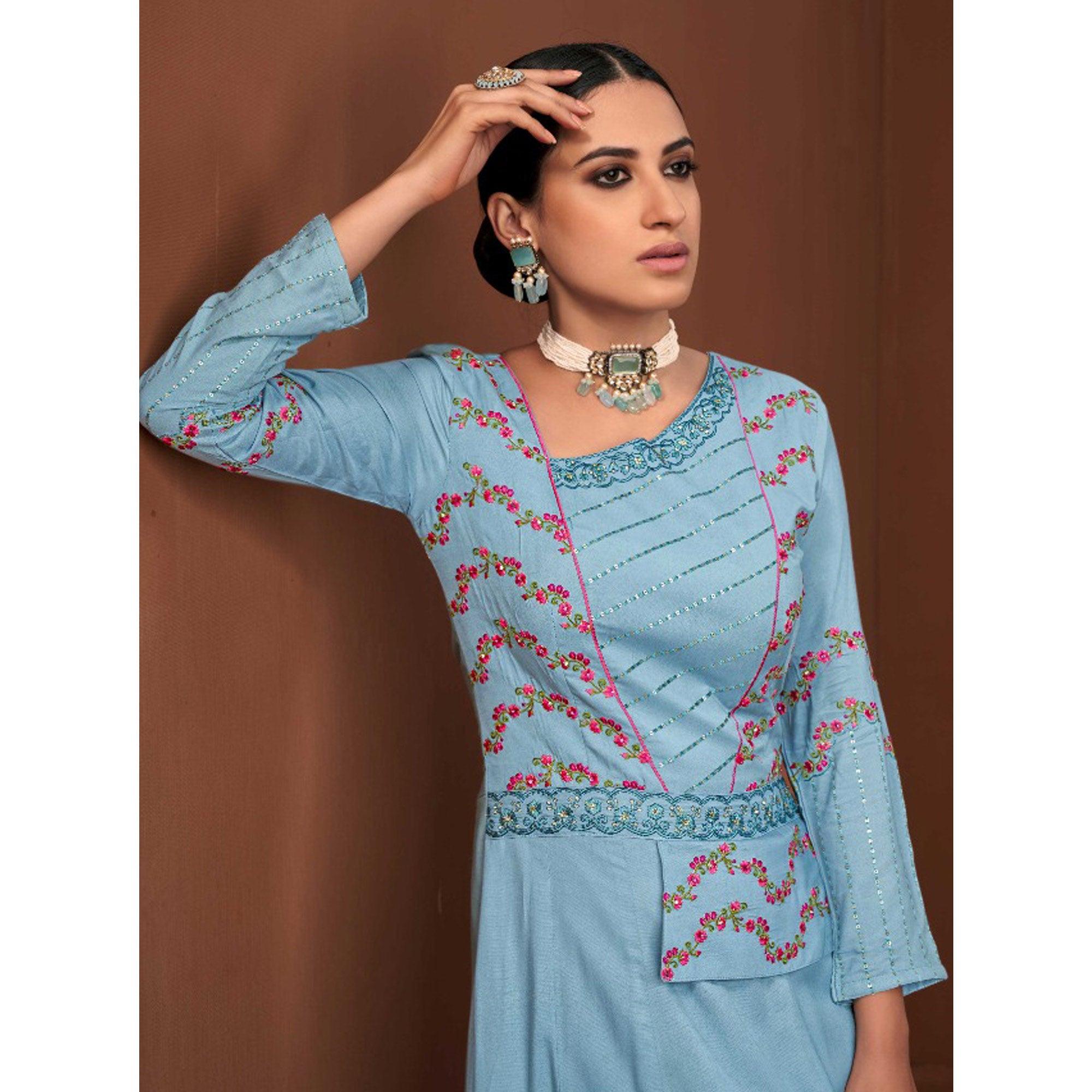 Blue Party Wear Embroidered Muslin Cotton Silk Gown - Peachmode