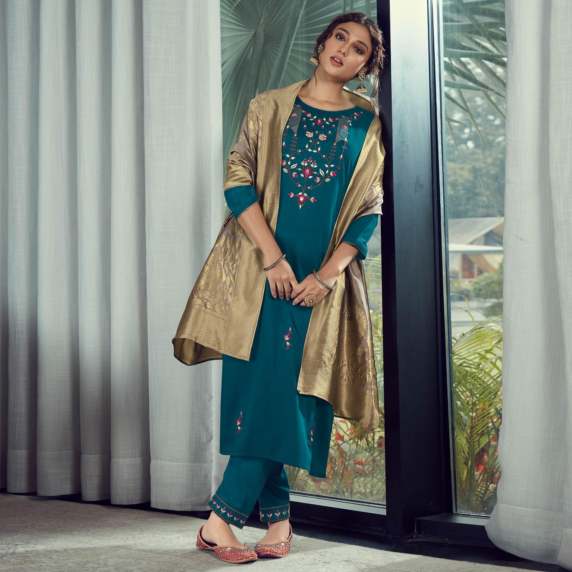 Blue Party Wear Embroidered Silk Kurti Pant Set With Banarasi Jacquard Dupatta - Peachmode