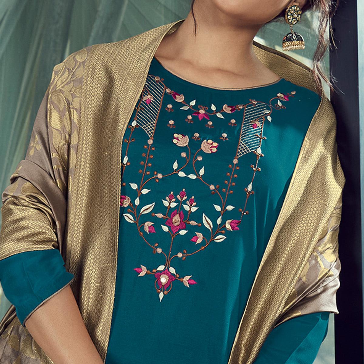 Blue Party Wear Embroidered Silk Kurti Pant Set With Banarasi Jacquard Dupatta - Peachmode