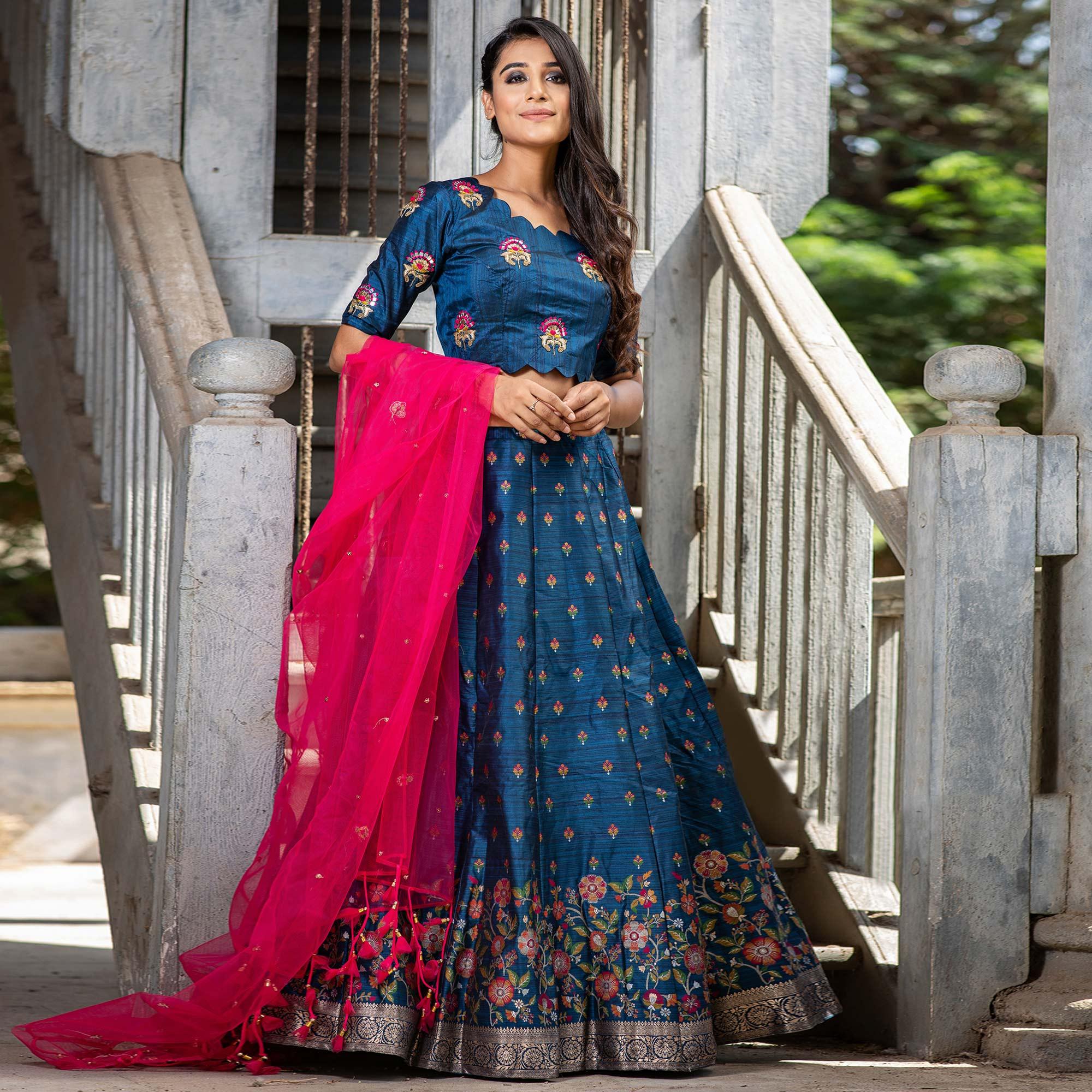 Blue Party Wear Embroidered Soft Silk Lehenga Choli - Peachmode