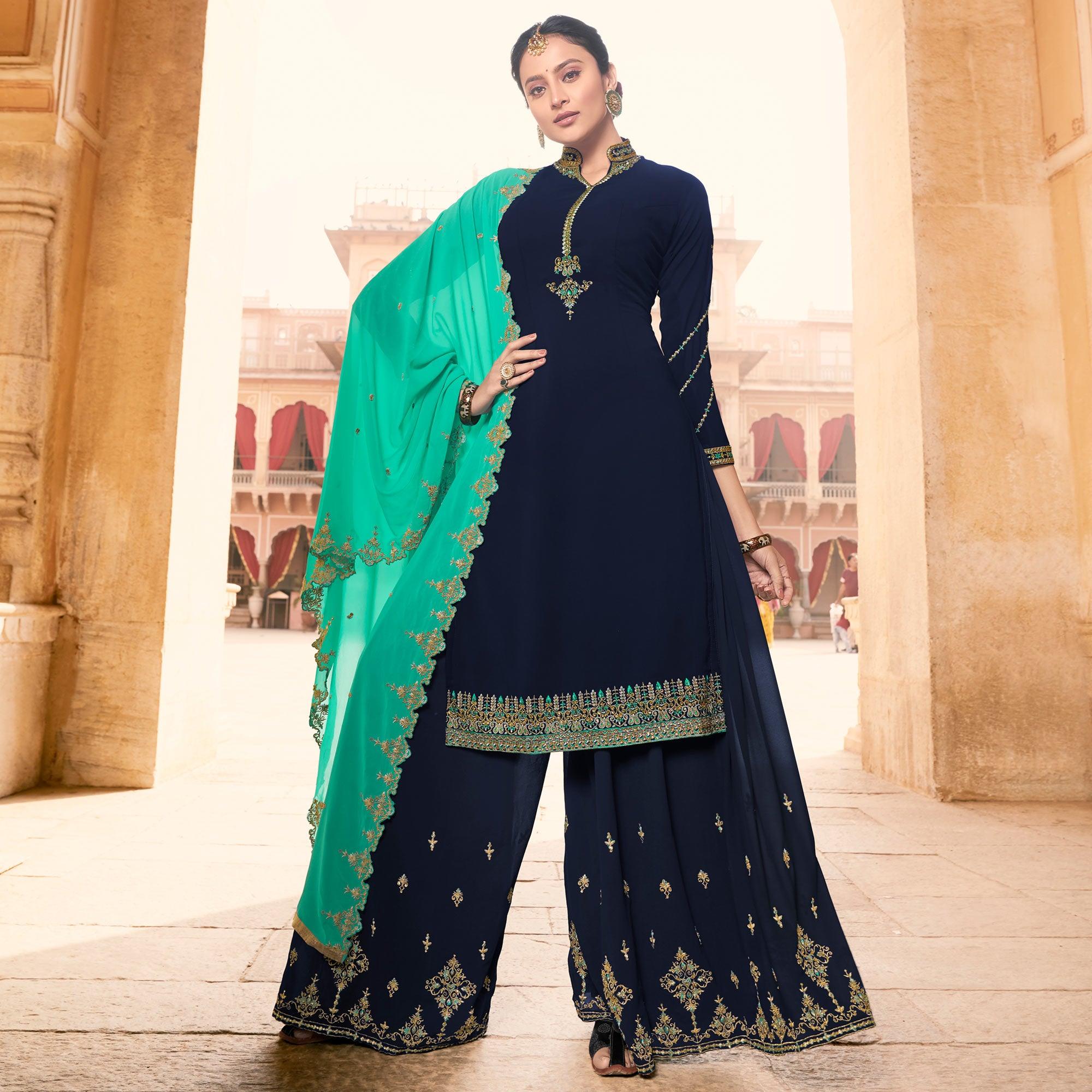 Blue Party Wear Embroidery Soft Georgette Palazzo Suit - Peachmode