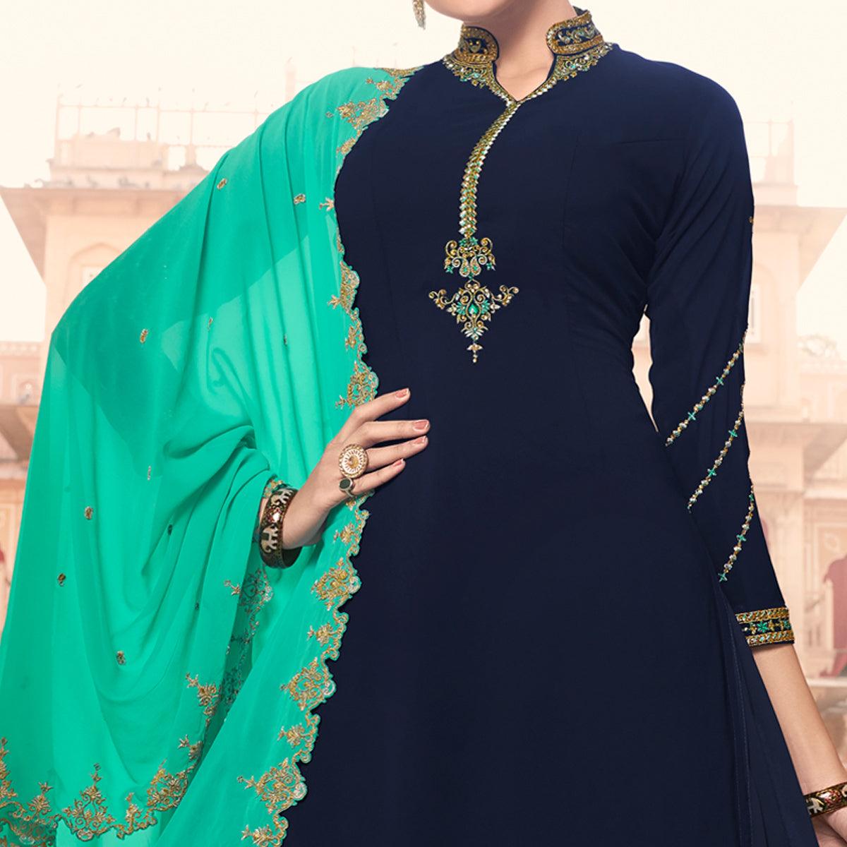Blue Party Wear Embroidery Soft Georgette Palazzo Suit - Peachmode