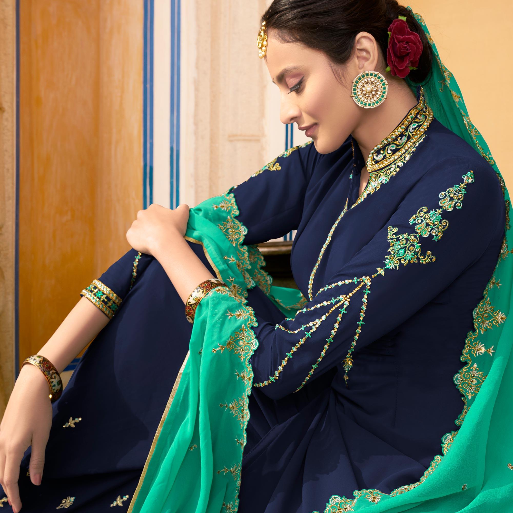 Blue Party Wear Embroidery Soft Georgette Palazzo Suit - Peachmode