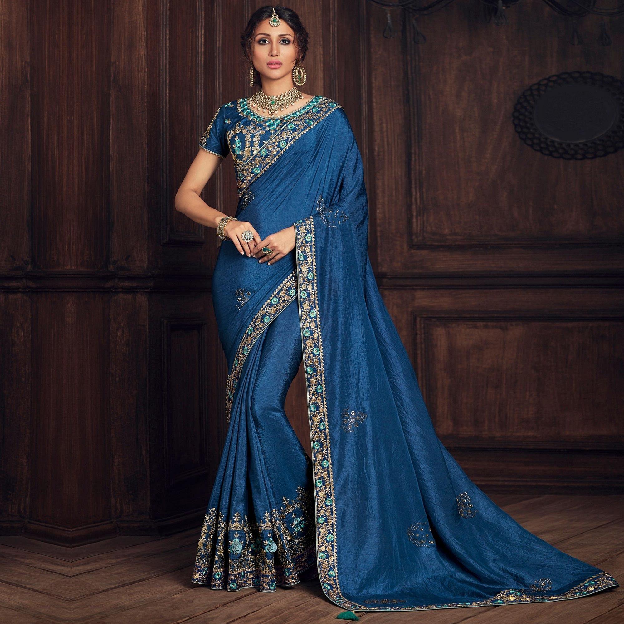 Blue Party Wear Heavy Embroidered Silk Saree - Peachmode