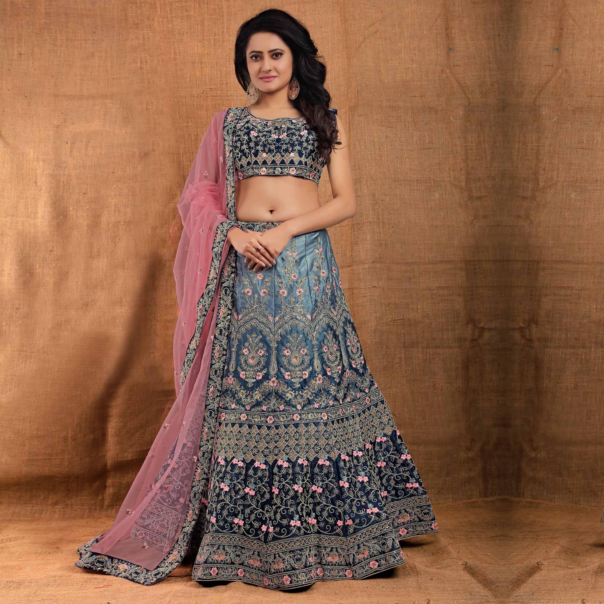 Blue Party Wear Sequence Embroidered Silk Lehenga Choli - Peachmode