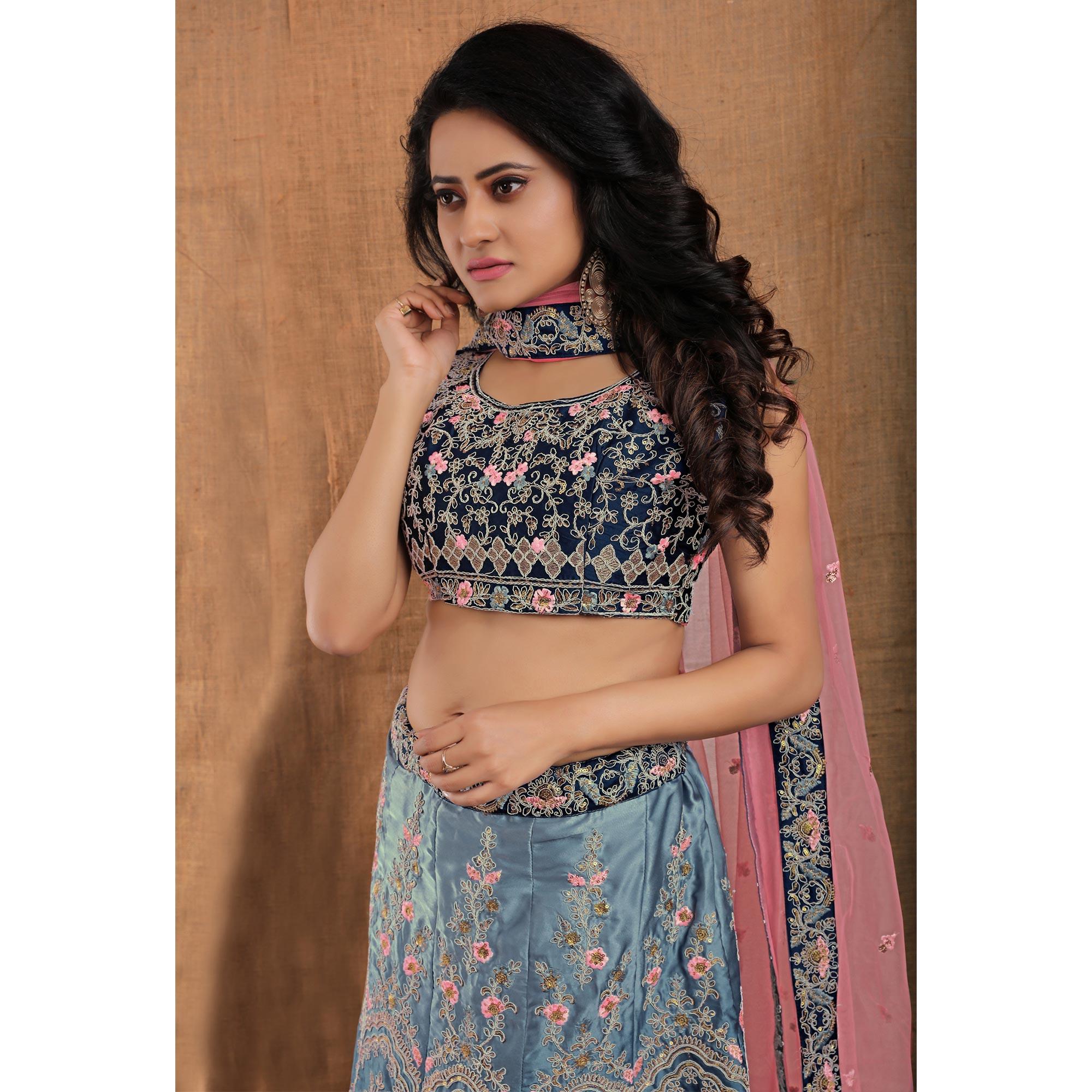 Blue Party Wear Sequence Embroidered Silk Lehenga Choli - Peachmode