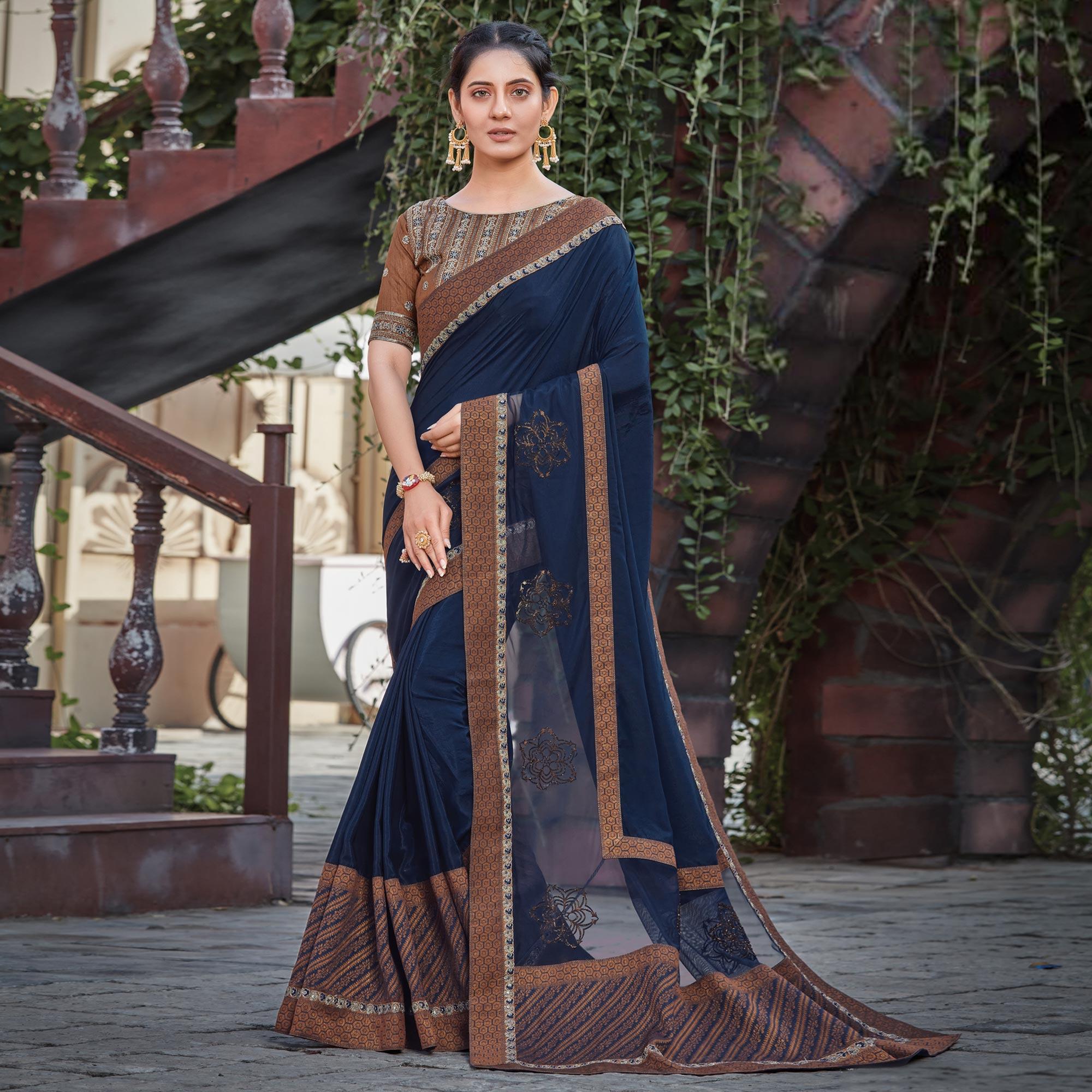 Blue Party Wear Sequence Silk Saree - Peachmode