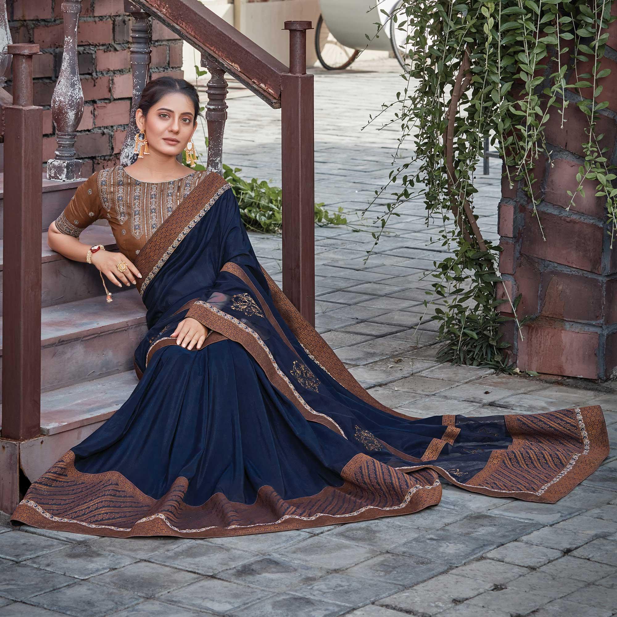 Blue Party Wear Sequence Silk Saree - Peachmode