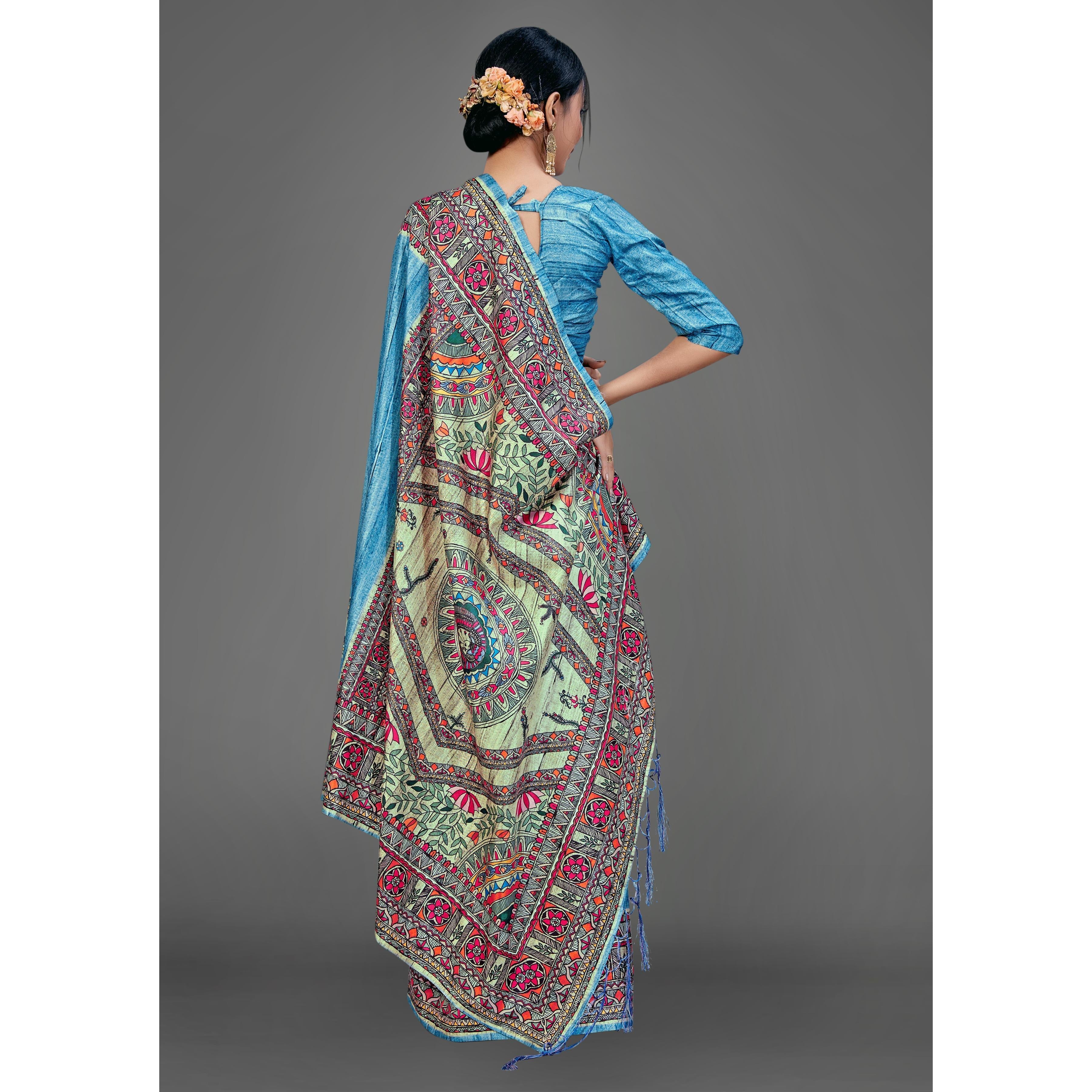 Blue Party Wear Silk Blend Geomatric Saree With Unstitched Blouse - Peachmode