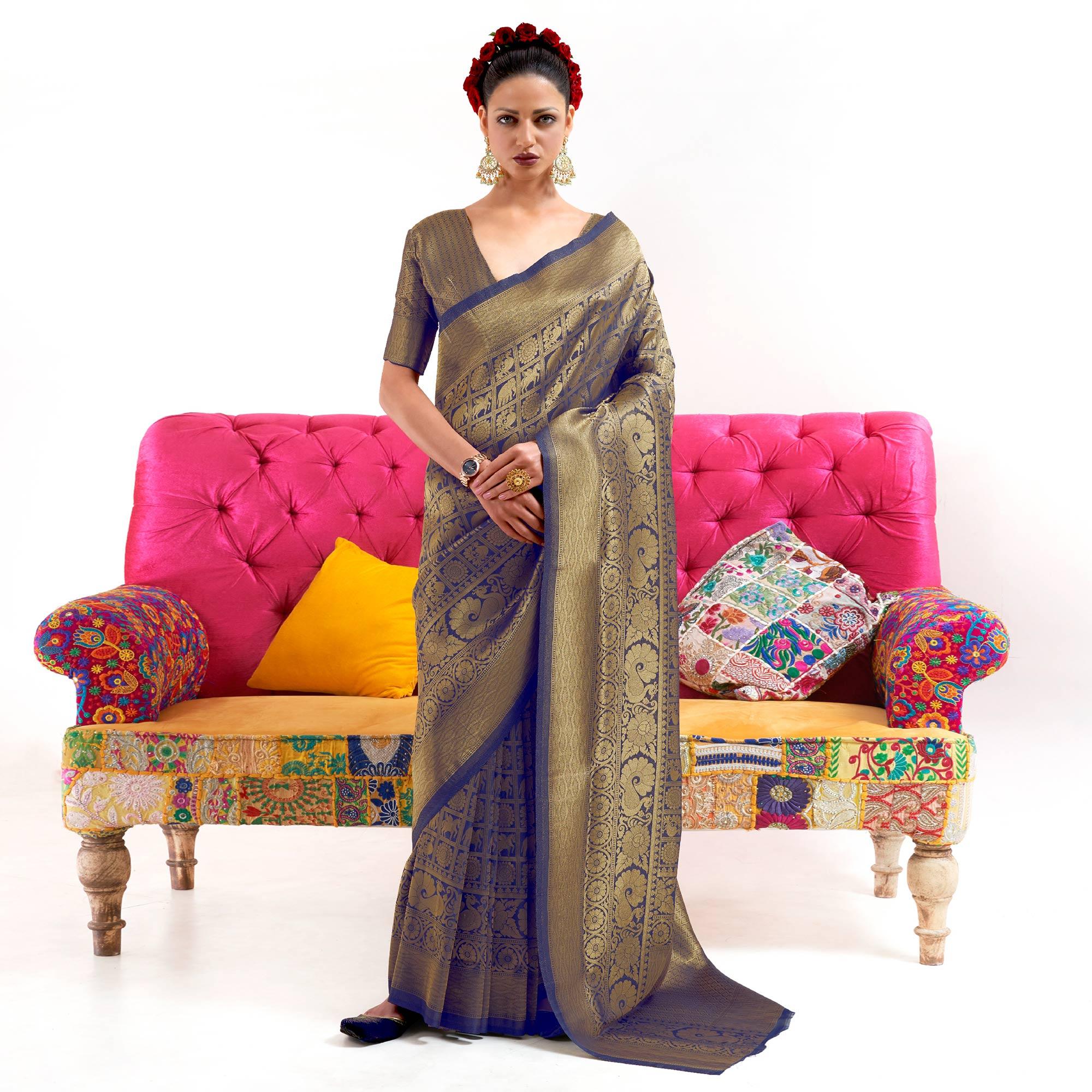 Blue Partywear Banarasi Woven Silk Saree - Peachmode